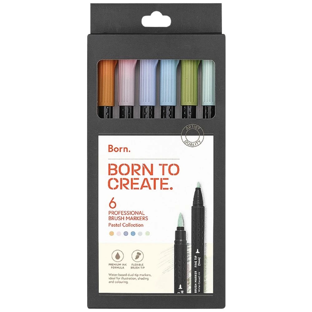 1 Born Professional Brush Dual-Tip Markers Pastel 6 Pack, 1 of 4