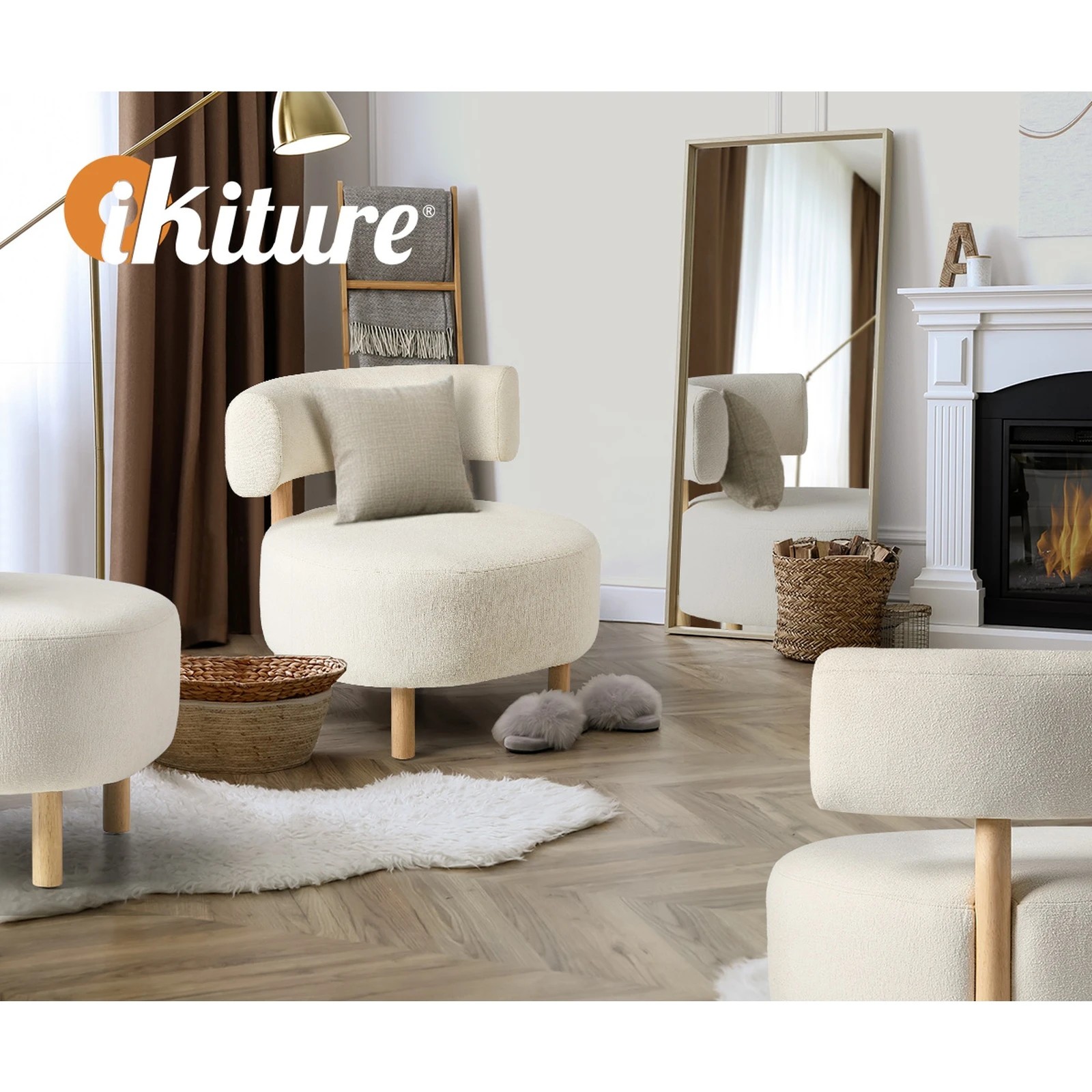 6 Oikiture Wooden Armchair Lounge Chair Linen Fabric Accent Armchairs - Beige, 6 of 10