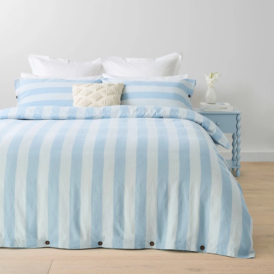 1 Stripe Linen Cotton Quilt Cover Set - Queen Bed, Blue, 1 of 7