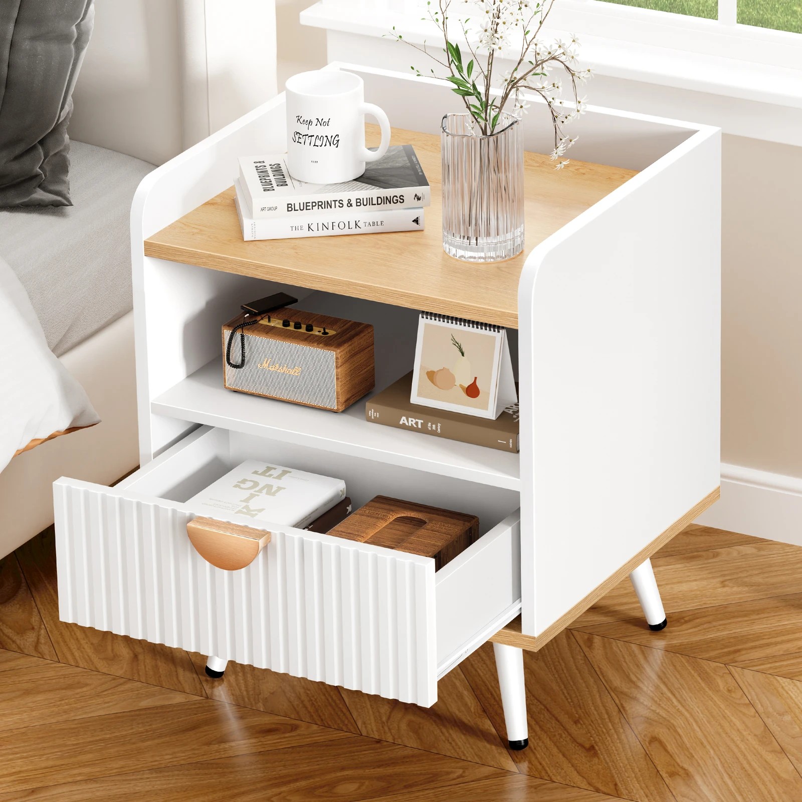 9 Alfordson 2x Bedside Table 1 Drawer Nightstand Side Storage Shelf - Wood White, 9 of 10