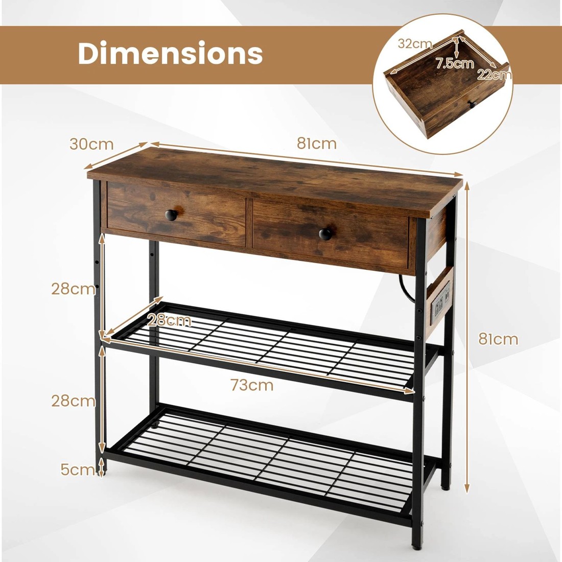 3 Costway 3-Tier Industrial Console Table w/Charging Station Hallway Table - Brown, 3 of 10