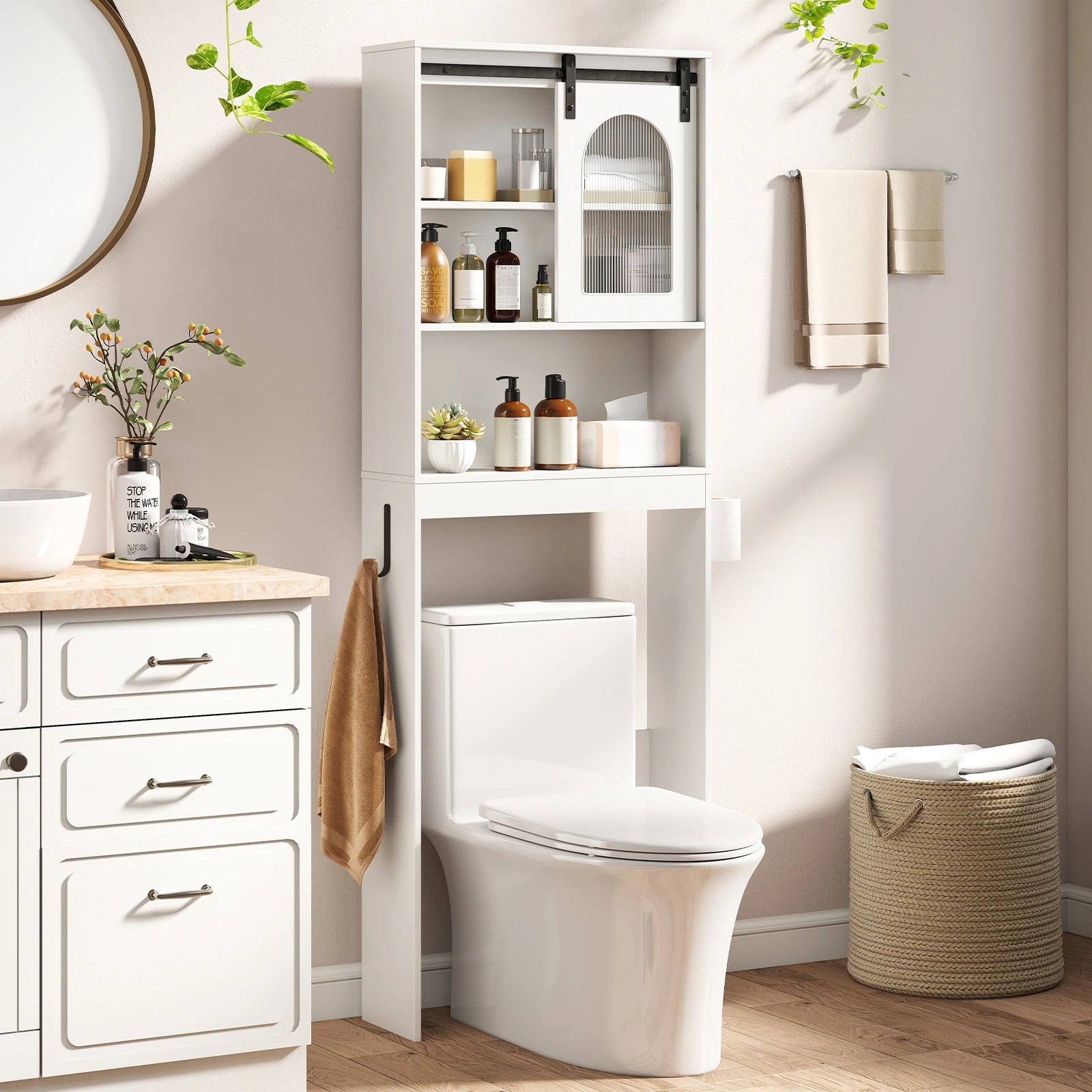 3 Costway Over the Toilet Storage Cabinet Farmhouse Bathroom Organizer w/Sliding Barn Door, 3 of 6