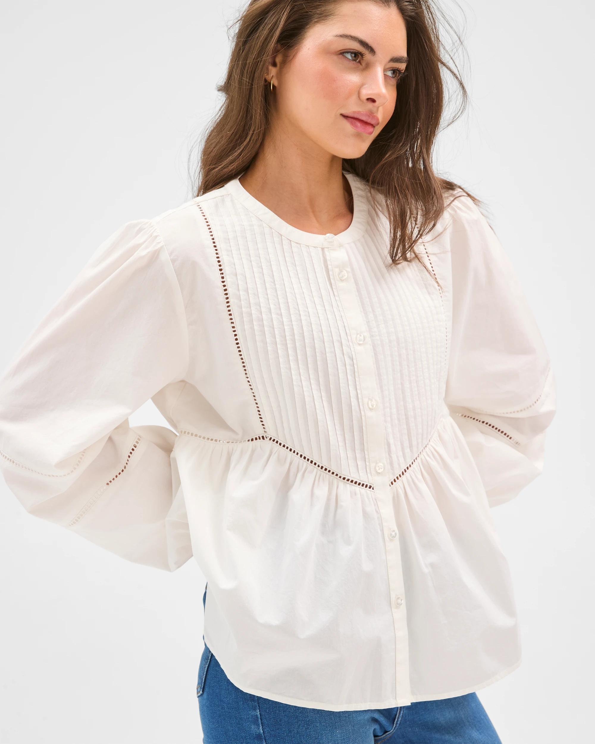 4 Target Petites Long Sleeve Trim Detail Pintuck Blouse PALE OAT, 4 of 6