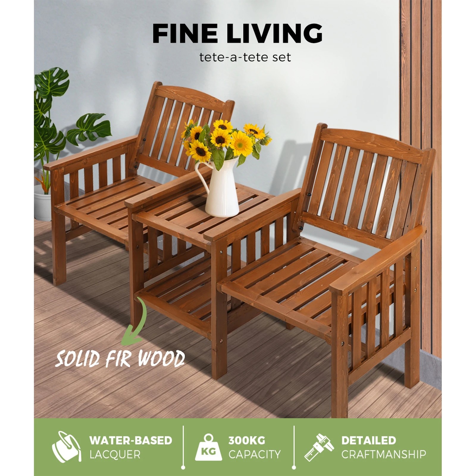 4 Livsip Garden Bench Wooden Outdoor Table & Chair Set - Brown, 4 of 10
