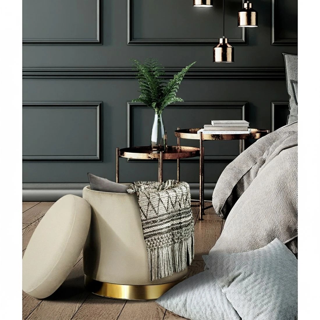 3 Artiss Ottoman Storage Foot Stool Round Velvet - Beige, 3 of 6