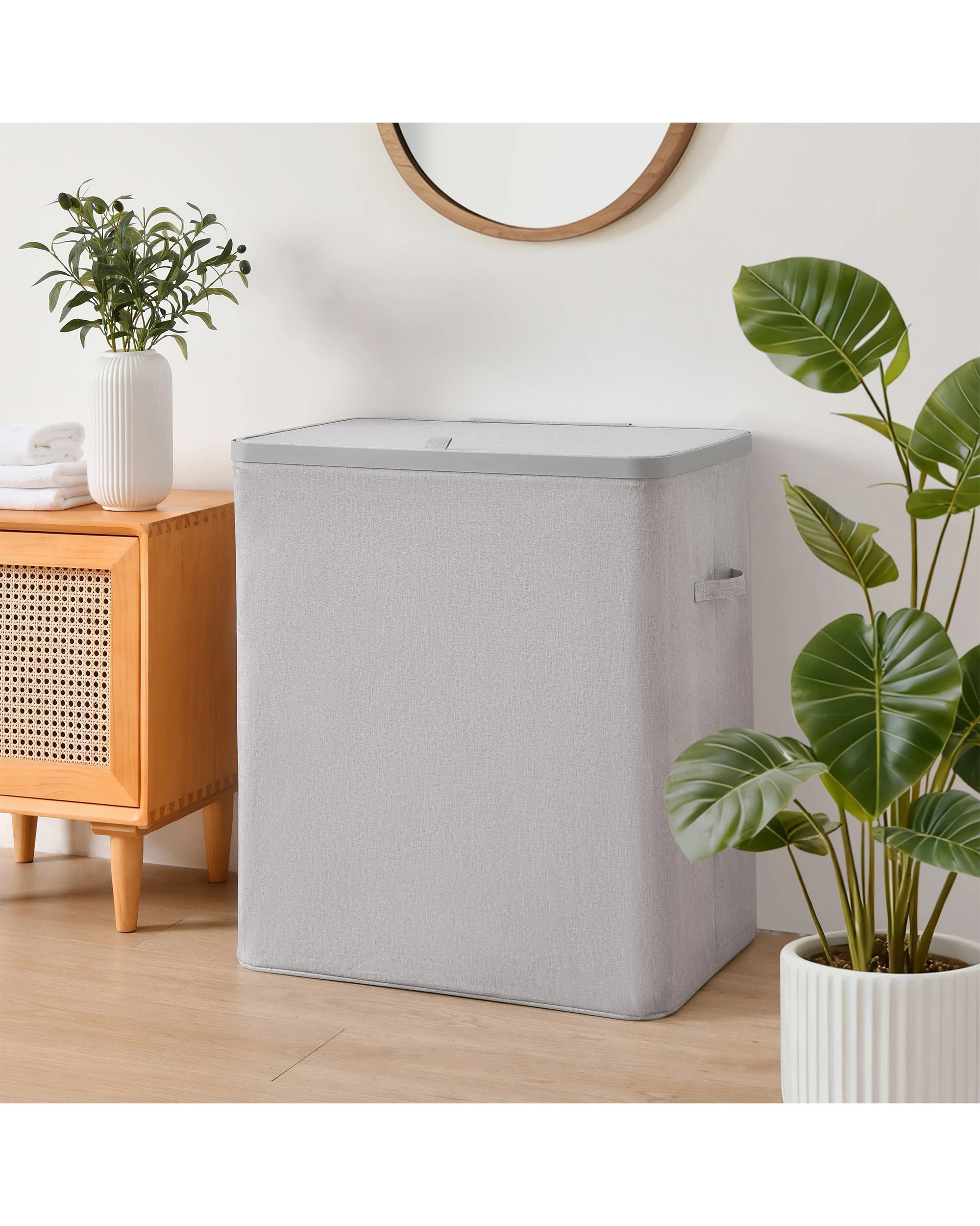 1 Sherwood Voyager 3-Section Laundry Hamper 120L Faux Linen 64x40x67cm - Grey, 1 of 10