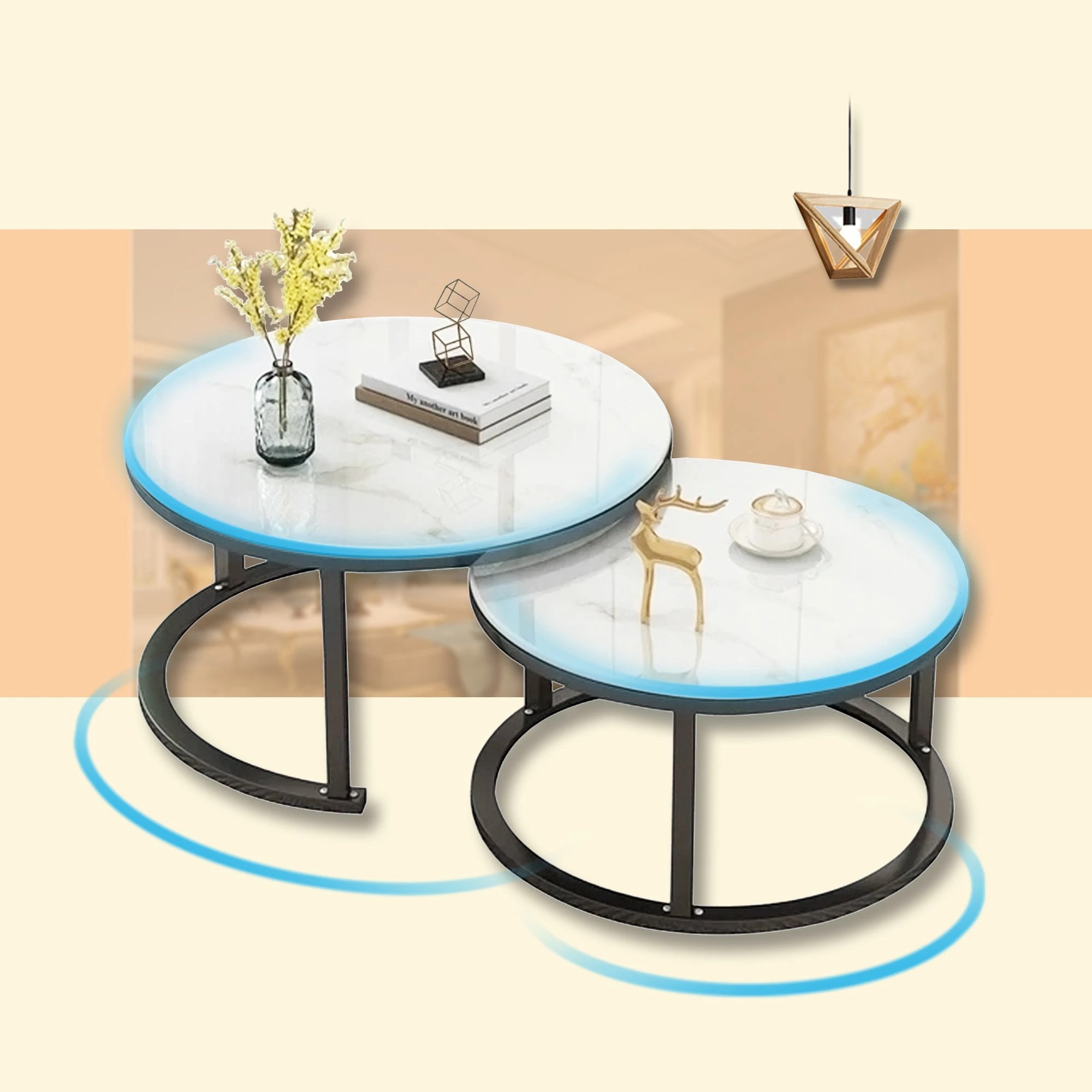 7 Foret Coffee Table 80cm Side Tables 2pc Set Tea Marble Look Tempered Glass Top, 7 of 9
