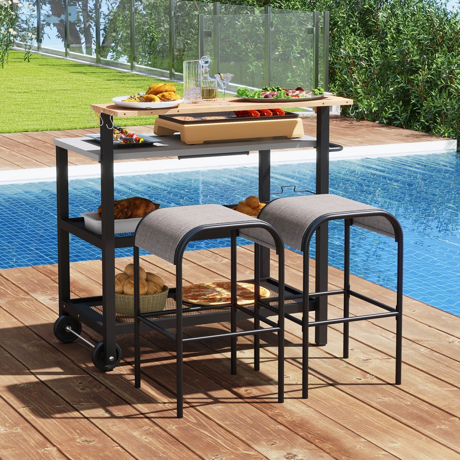 2 Costway Foldable Dining Cart Table Mobile Food Prep Trolley w/Flip-up Table, 2 of 2