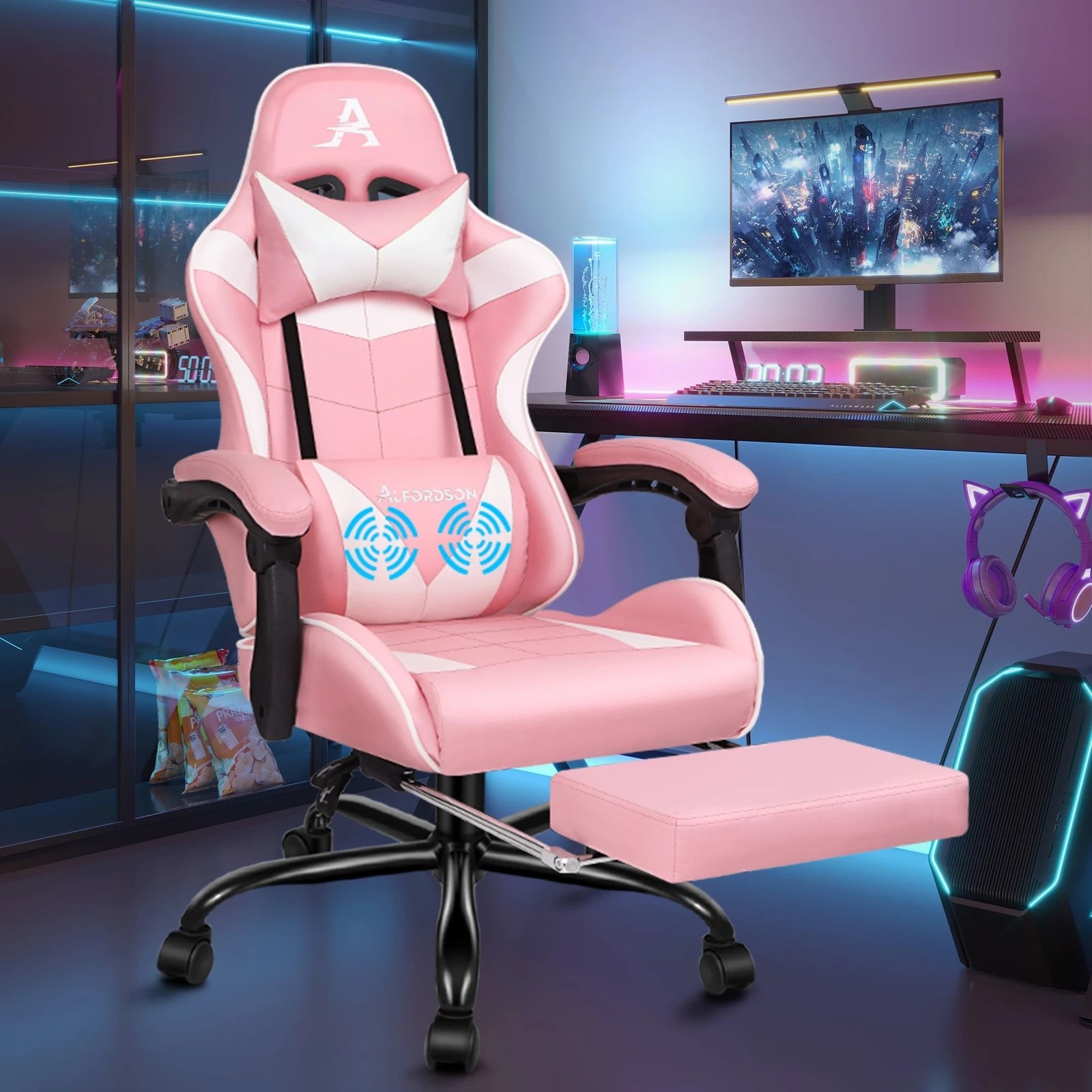 2 Alfordson Gaming Chair Office Executive Racing Footrest Seat PU Leather - Pink, 2 of 10