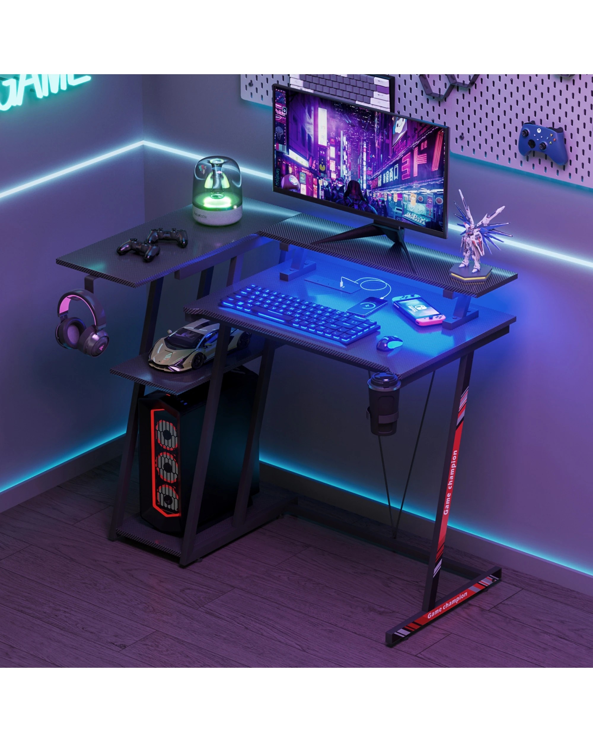 2 Advwin L Shaped Gaming Desk with LED Lights & Power Outlets Reversible Storage Shelf 100cm - Black, 2 of 10