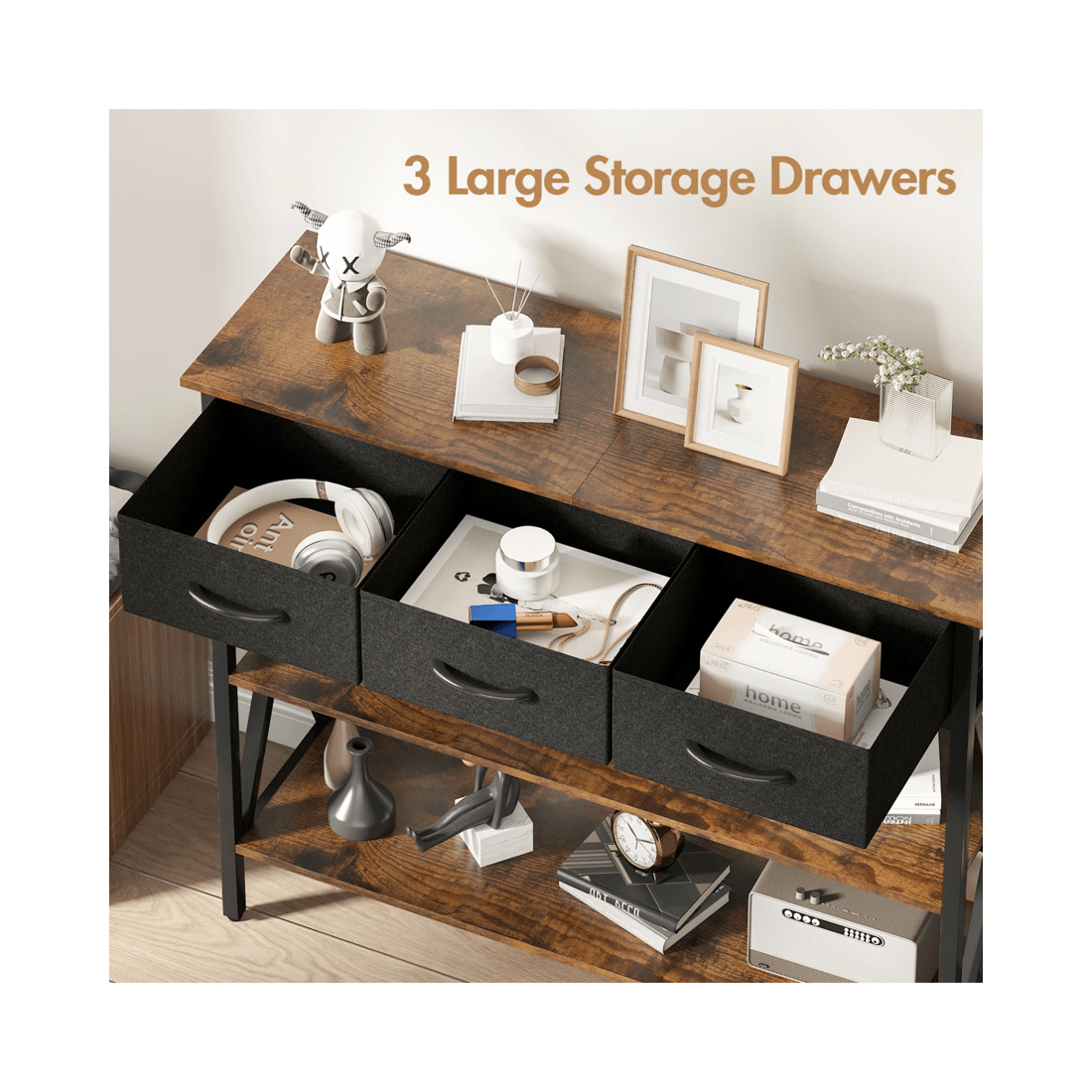 5 Advwin 3-Tier Console Table w/ 3 Drawers Hallway Table Narrow Entryway Display Table Walnut, 5 of 9