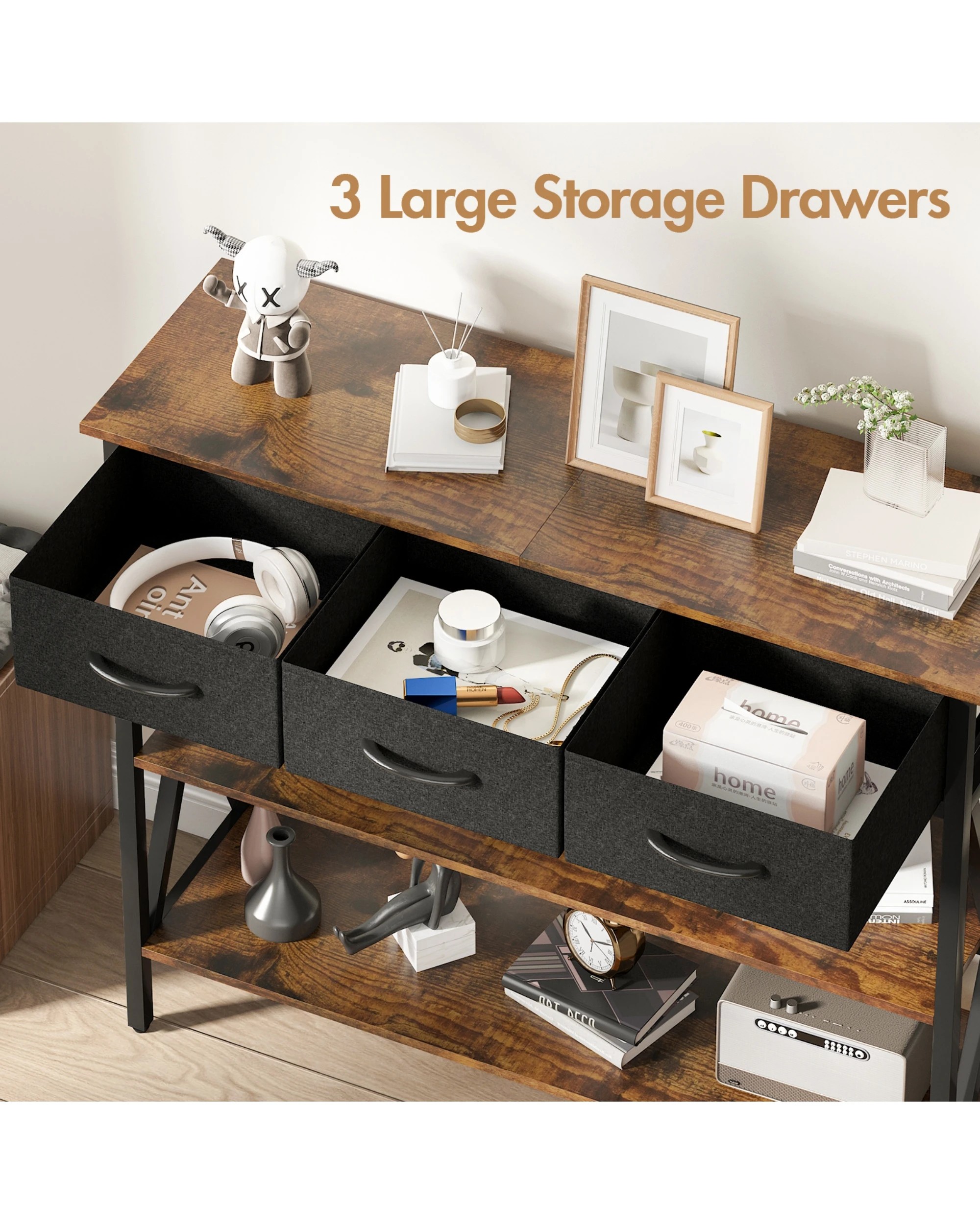 5 Advwin 3-Tier Console Table w/ 3 Drawers Hallway Table Narrow Entryway Display Table Walnut, 5 of 9