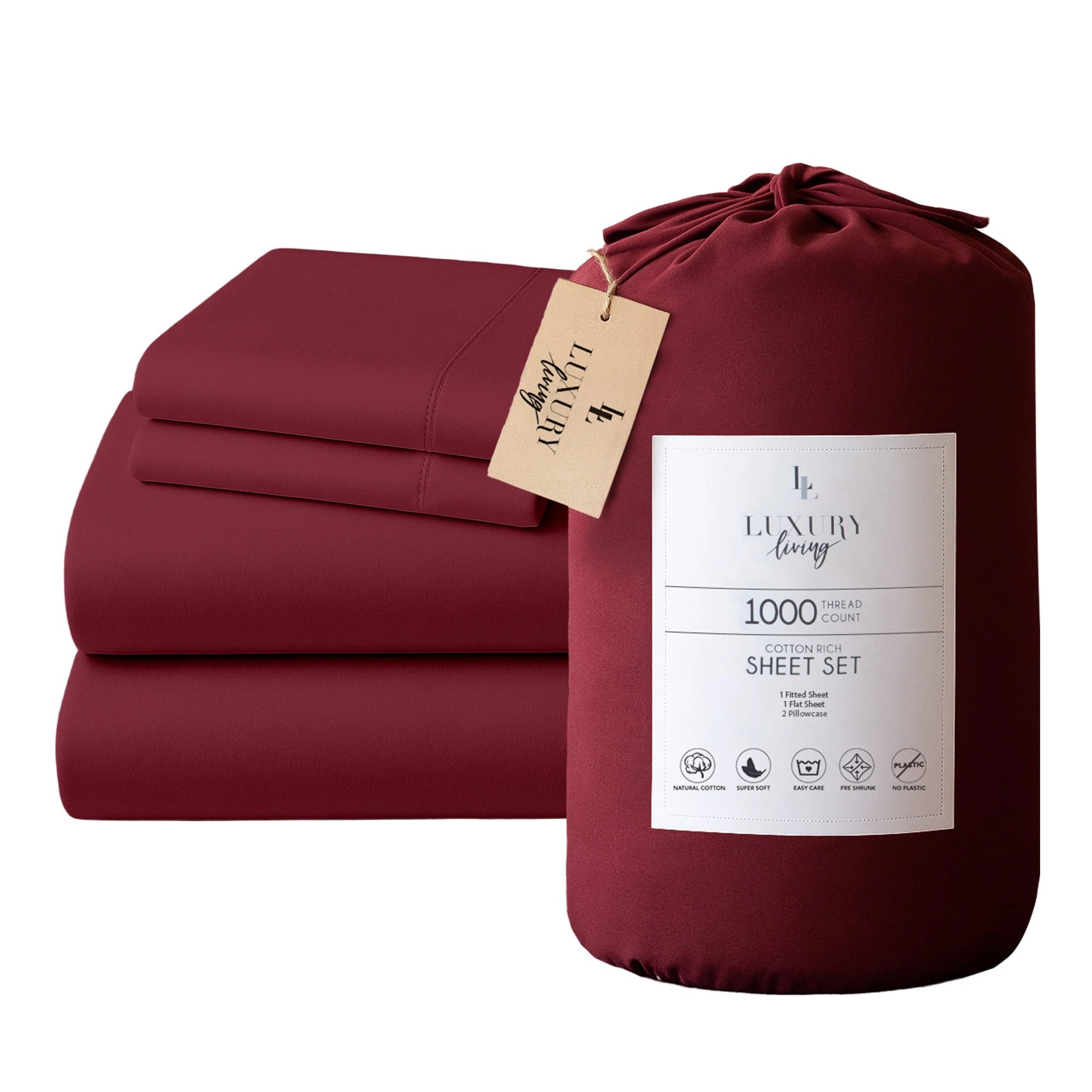 1 4pc 1000 Thread Count Cotton Rich Sheet Gift Pack Cvc Microfibre Blend In Burgundy
 - King Bed, 1 of 10