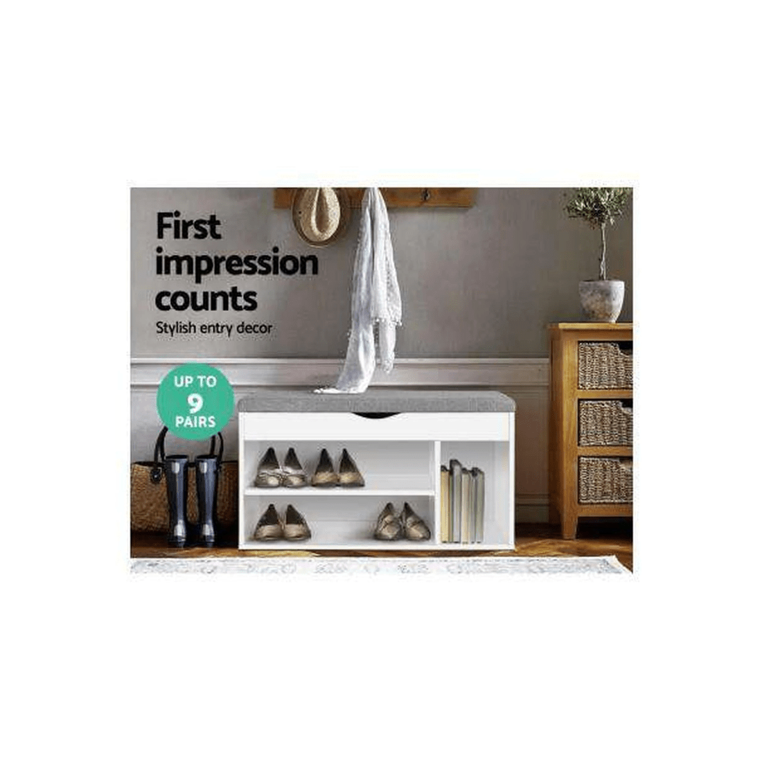 3 Artiss Shoe Cabinet Bench — White, Stores up to 9 Pairs, 4cm Cushioned Seat, 15mm Particle Board - White, 3 of 7