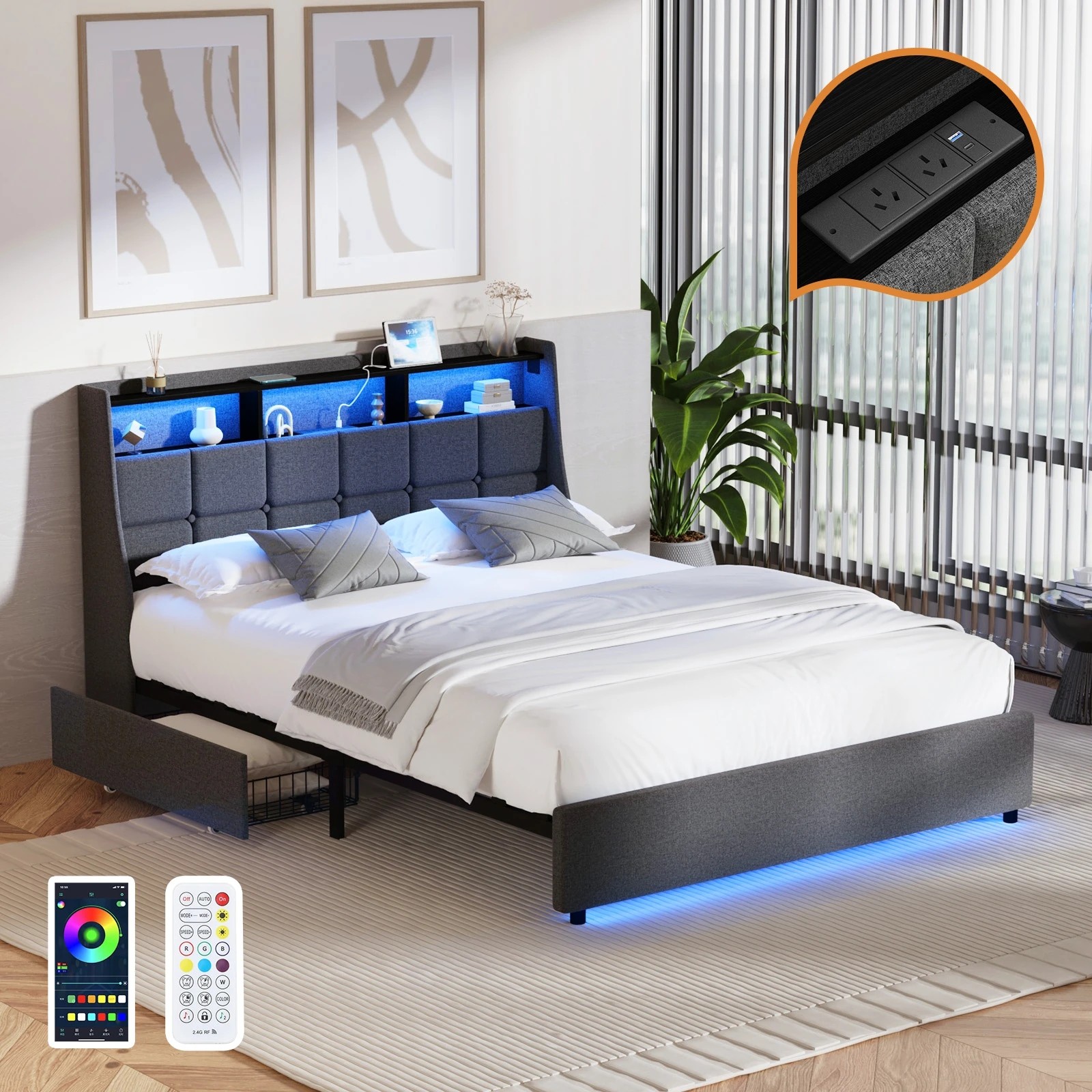 3 Oikiture Double Size Bed Frame with LED Lights and Storage Headboard & Charging Station- Grey, 3 of 7