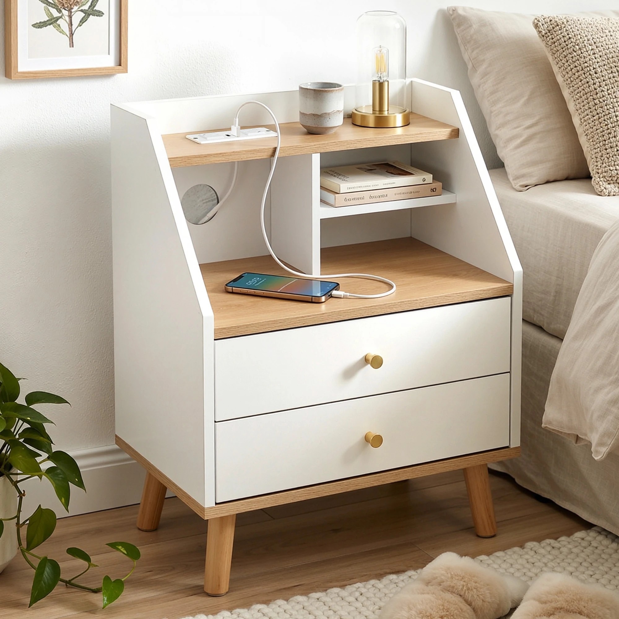 8 Artiss Bedside Table 2 Drawers Charging Station - White, 8 of 8