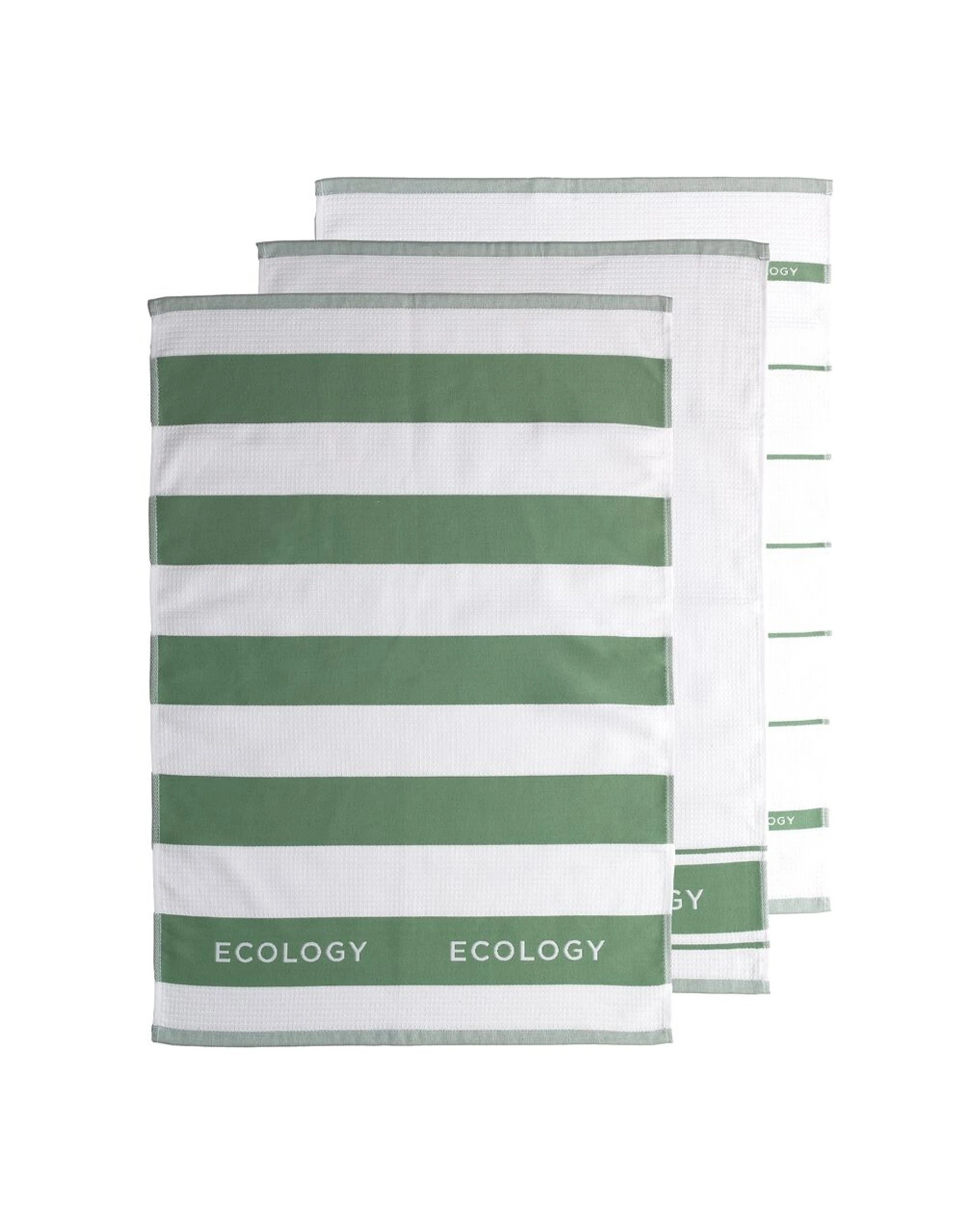 1 Ecology 3pc Fold Striped Kitchen Tea Towels Cotton 50x75cm Sage - Green, 1 of 2