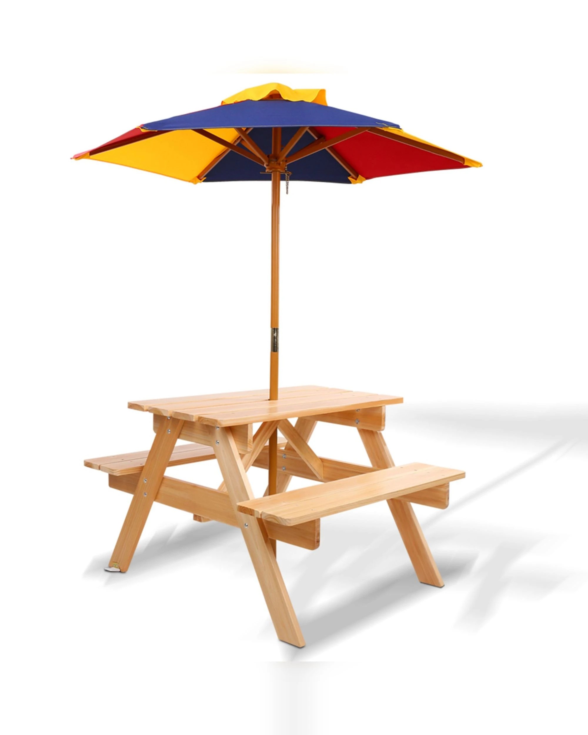 1 Keezi Kids Outdoor Table and Chairs Wooden Picnic Bench Set Umbrella - Natural, 1 of 10