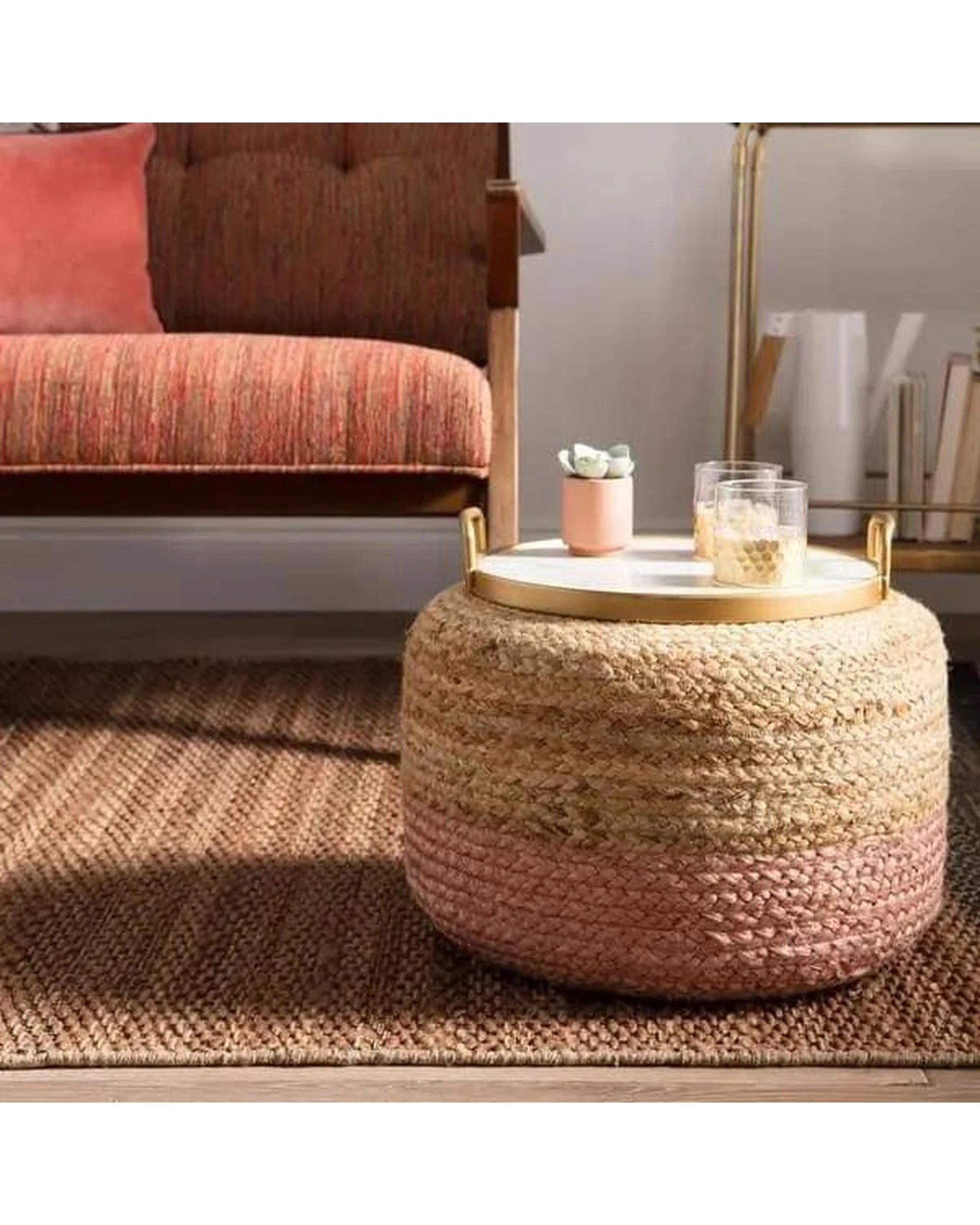 3 La Grace Home Ombre Hand Braided Jute Cotton Pouf Ottoman - Pink, 3 of 4