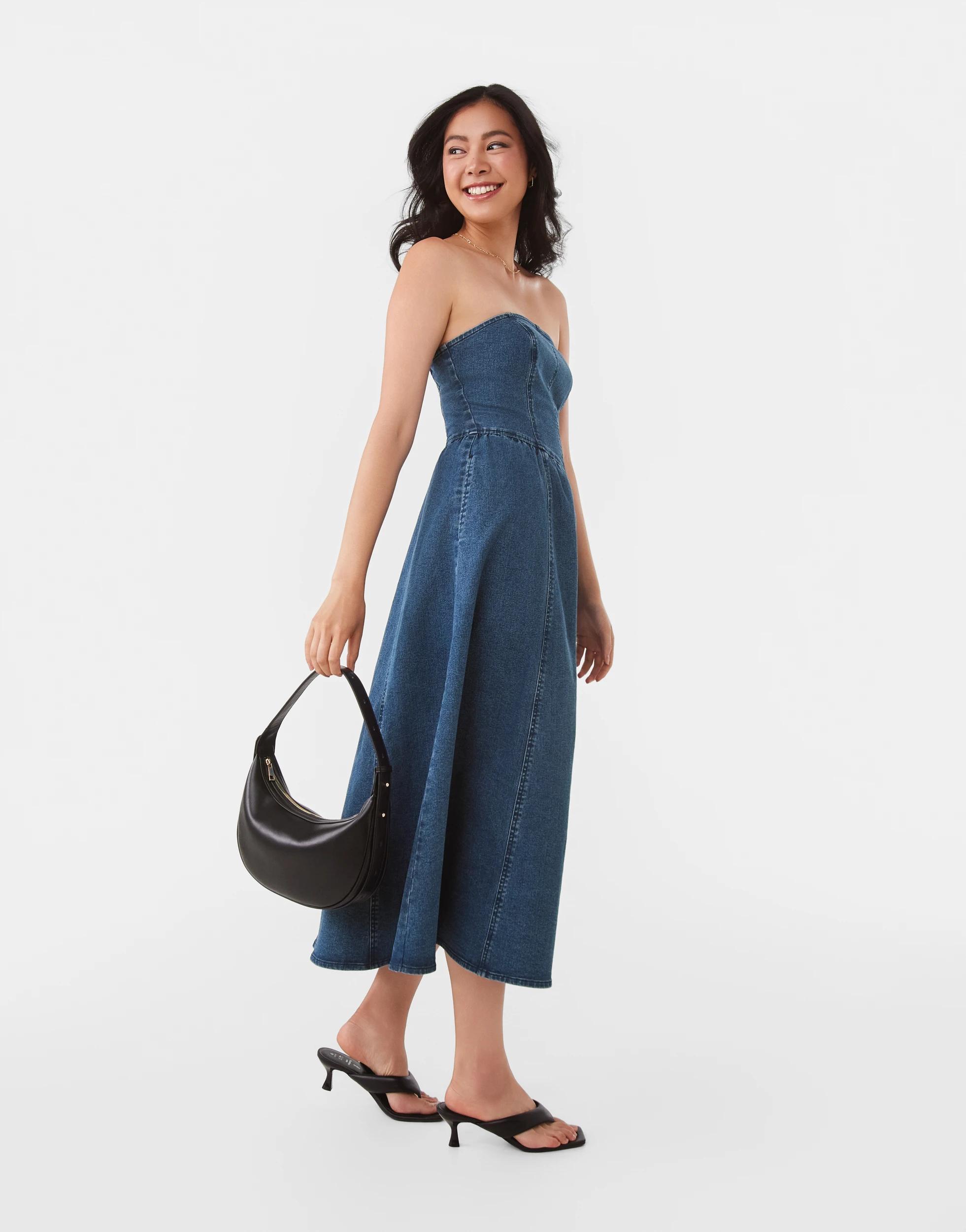 10 Strapless Denim Midi Dress Dark Wash, 10 of 10