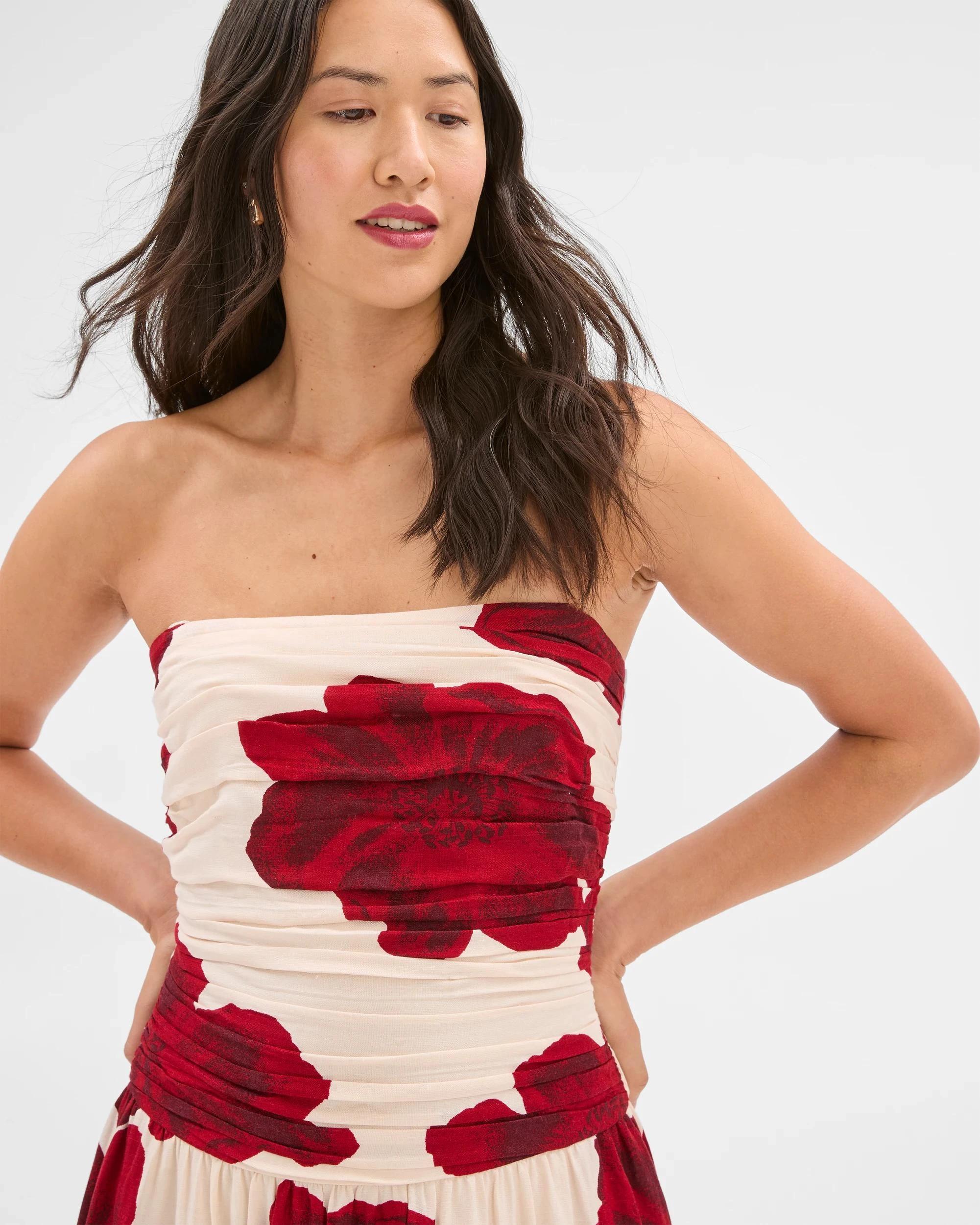 6 Gathered Sleeveless Midi Dress - Preview CRIMSON FLORAL, 6 of 6