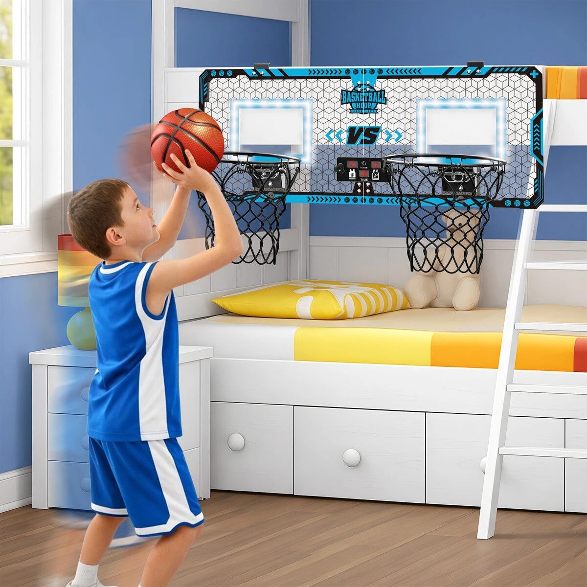 3 AUSWAY Double Basketball Hoop Ring Rim Net Over the Door Indoor LED Scoreboard, 3 of 5