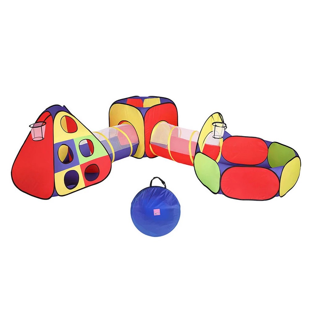 1 Keezi Kids Play Tent Pop Up Teepee Playhouse Ball Pit Crawl Tunnel Basketball Hoop - Multi, 1 of 8