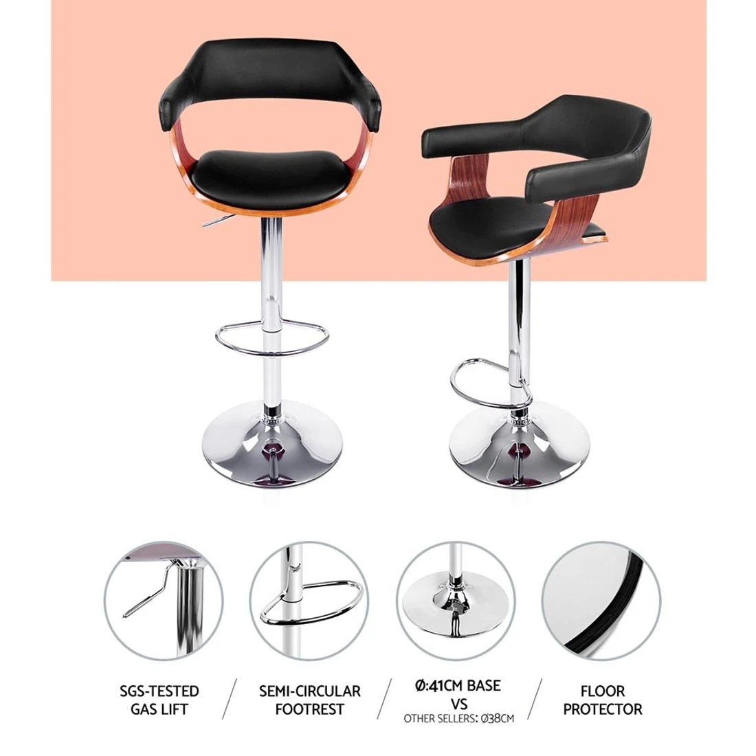 5 Artiss 2x Bar Stools Gas Lift Leather w/Armrest - Black, 5 of 6