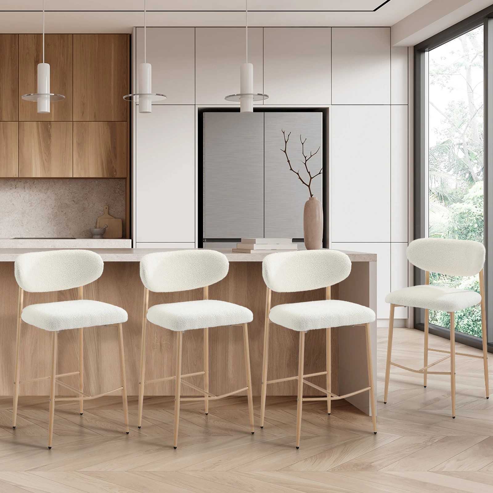 3 Oikiture 4x Bar Stools Kitchen Stool Counter Chair Boucle Fabric
 - Natural, 3 of 10