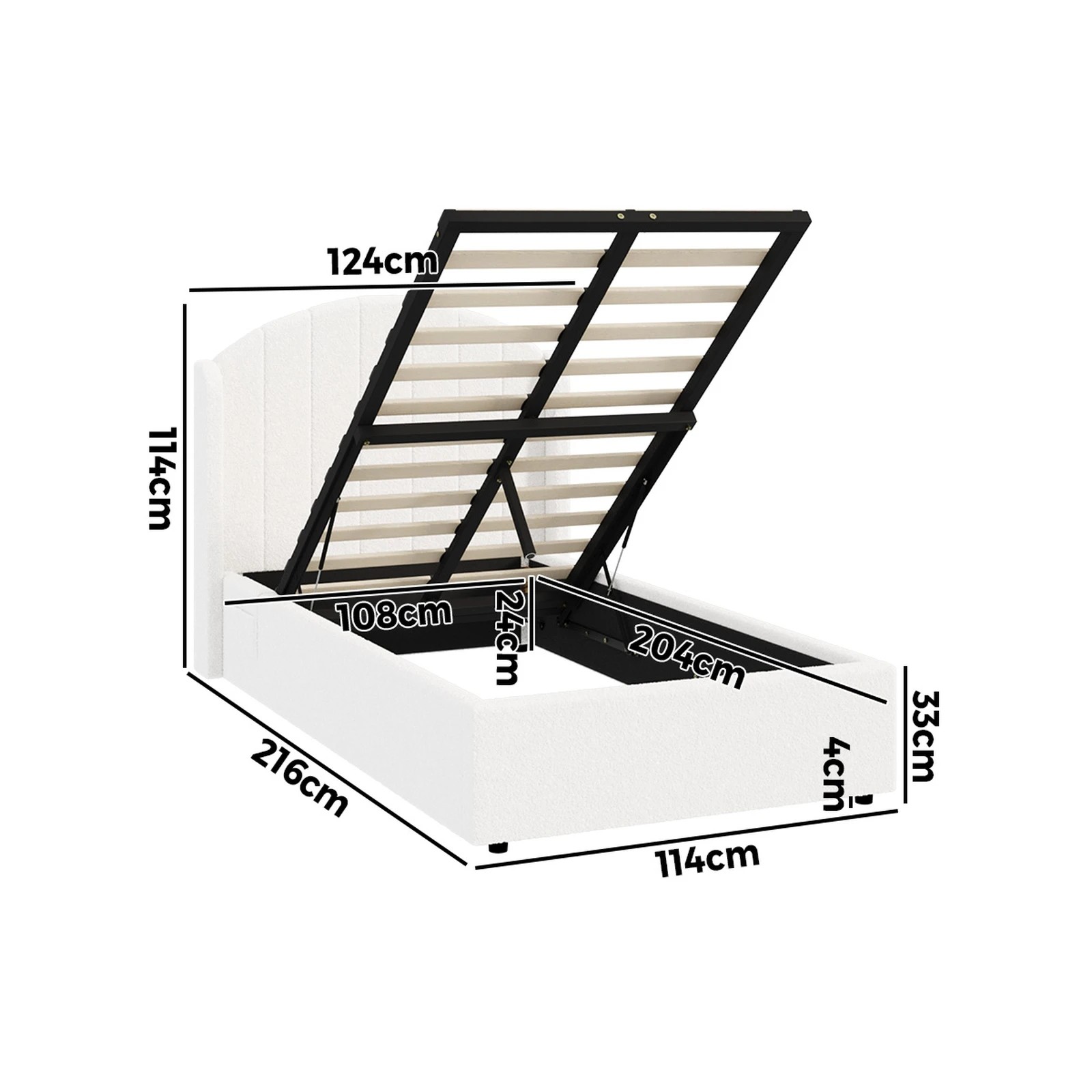 2 Oikiture Bed Frame King Single Size With Gas Lift Storage USB Charging Boucle - White, 2 of 9