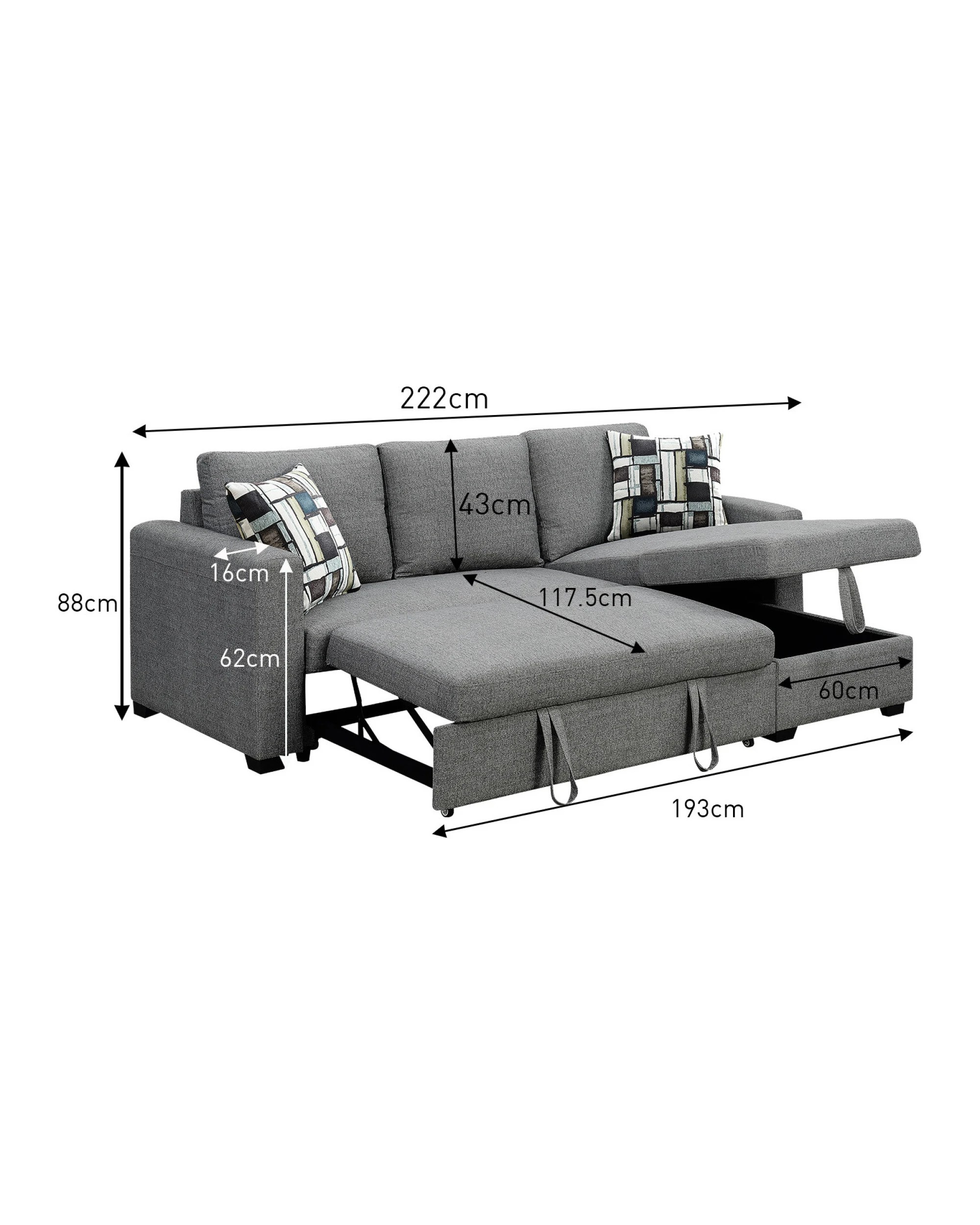 2 Fontana Pullout Sofa Bed With Storage Chaise Lounge Sarantino - Grey, 2 of 10