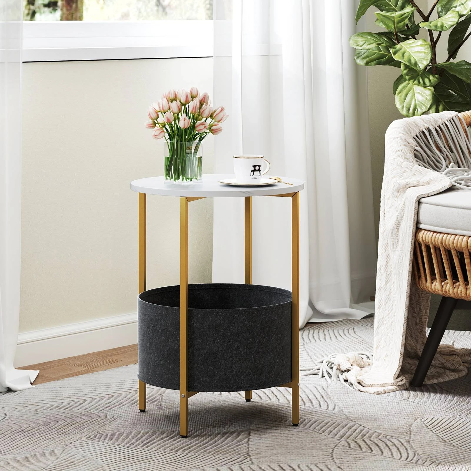 2 Costway 2-Tier Round Sofa Side End Table Accent Coffee Table w/Storage Basket, 2 of 4