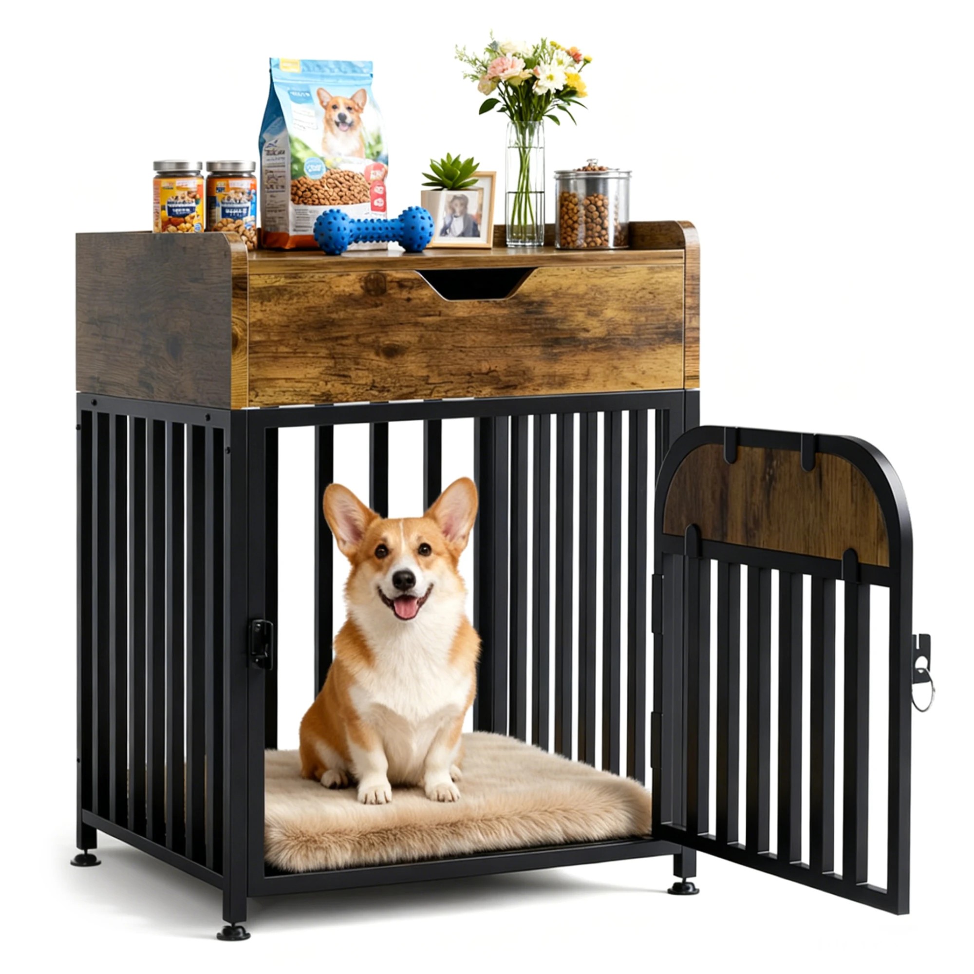 1 Advwin Wooden Wire Dog Kennel Side End Table Steel Puppy Crate, 1 of 8