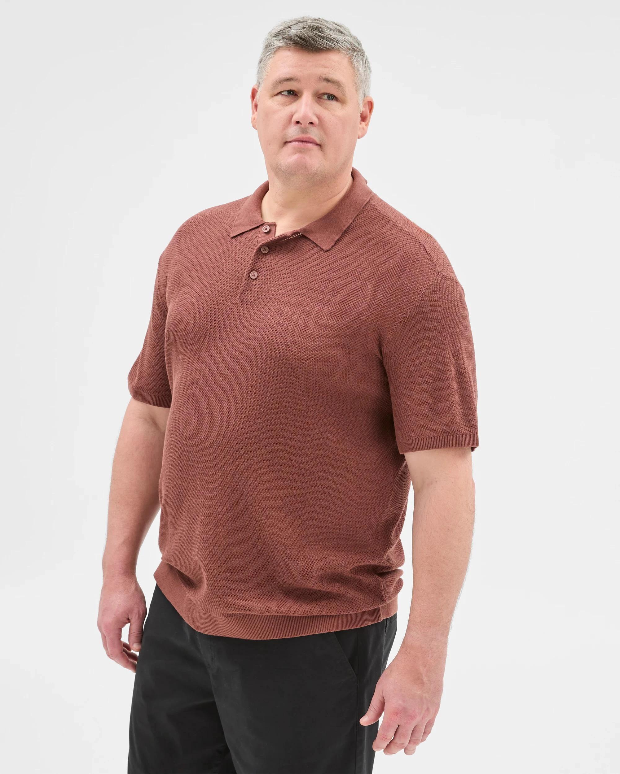 3 Plus Size Australian Cotton Blend Knit Polo Top - Preview BRICK, 3 of 5