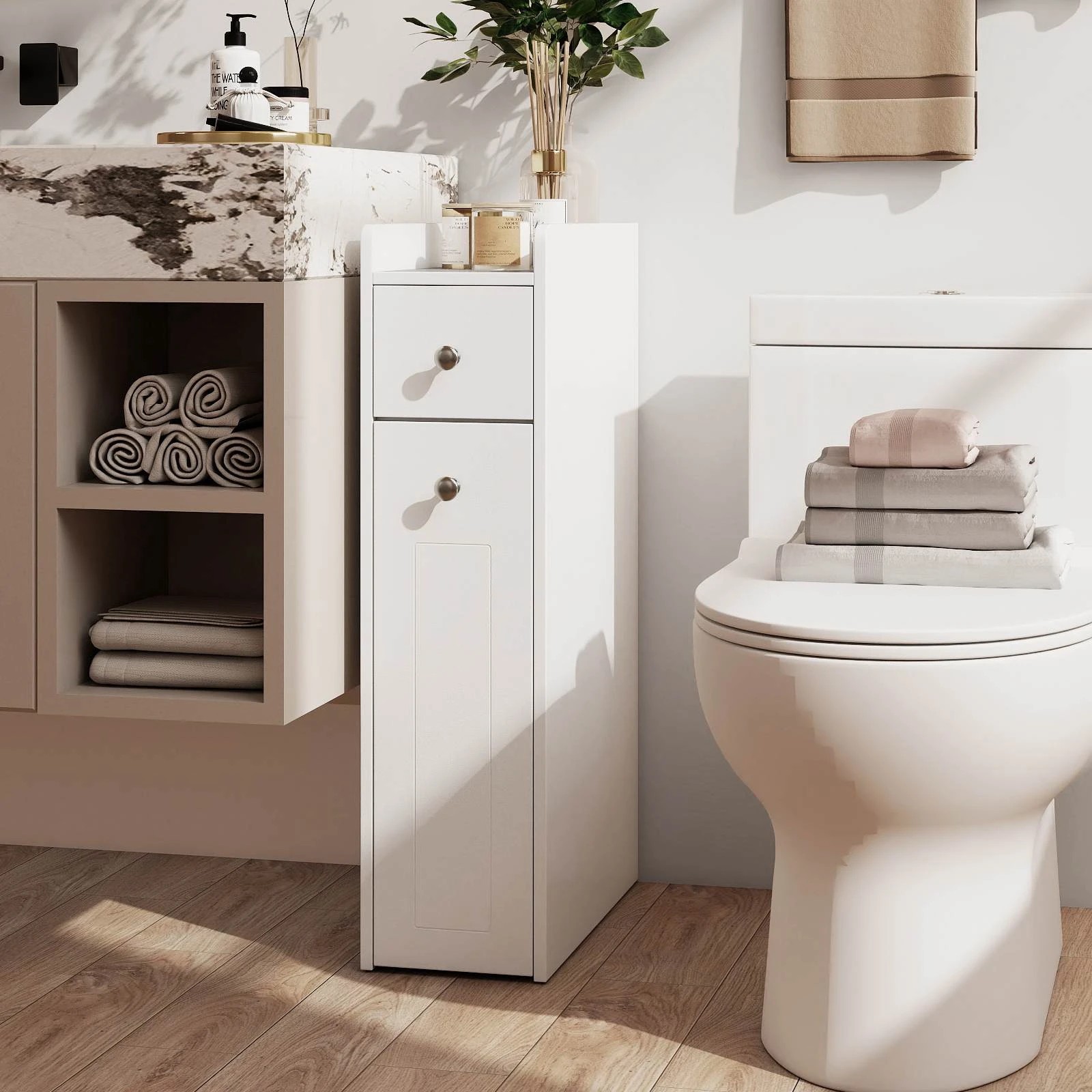 2 Costway Slim Bathroom Storage Cabinet Space-saving Toilet Side Cabinet - White, 2 of 6