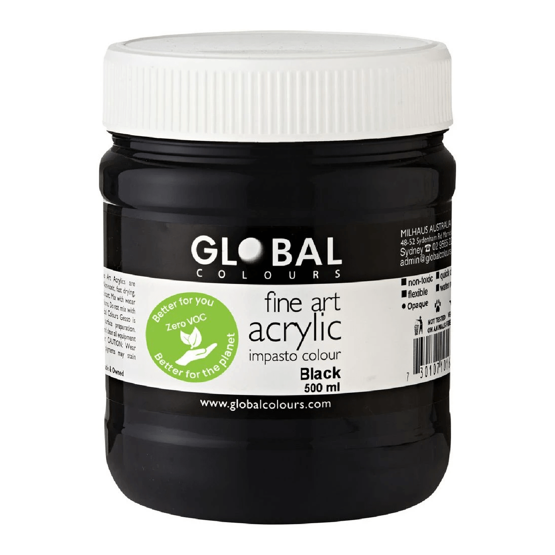 1 Global Colours Acrylic Paint Zero VOC 500mL Black, 1 of 2