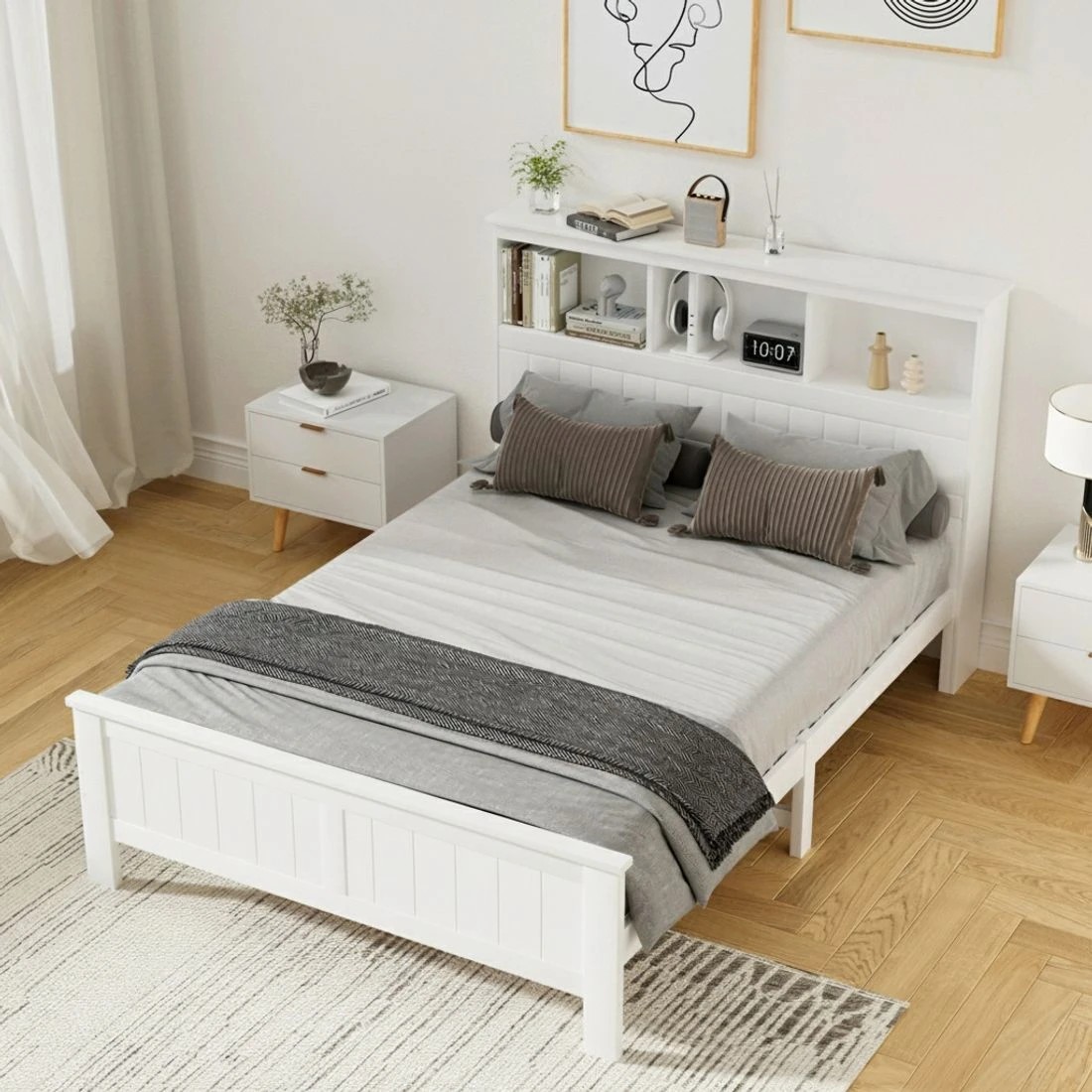 1 Artiss Bed Frame en with 3 Shelves Bed Head - Double Bed - White, 1 of 7