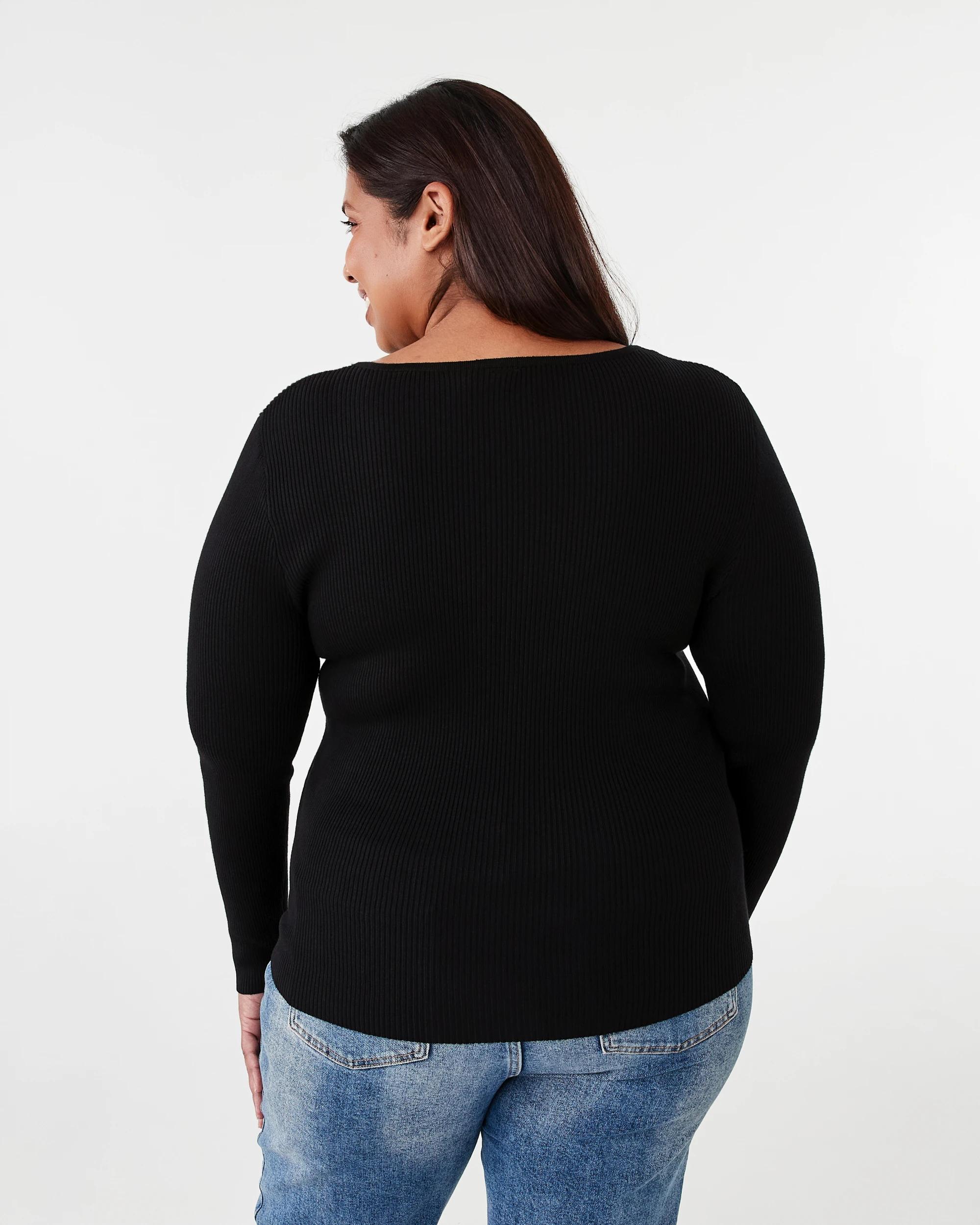 3 Curve Long Sleeve Gold Button Knit Top Black, 3 of 5