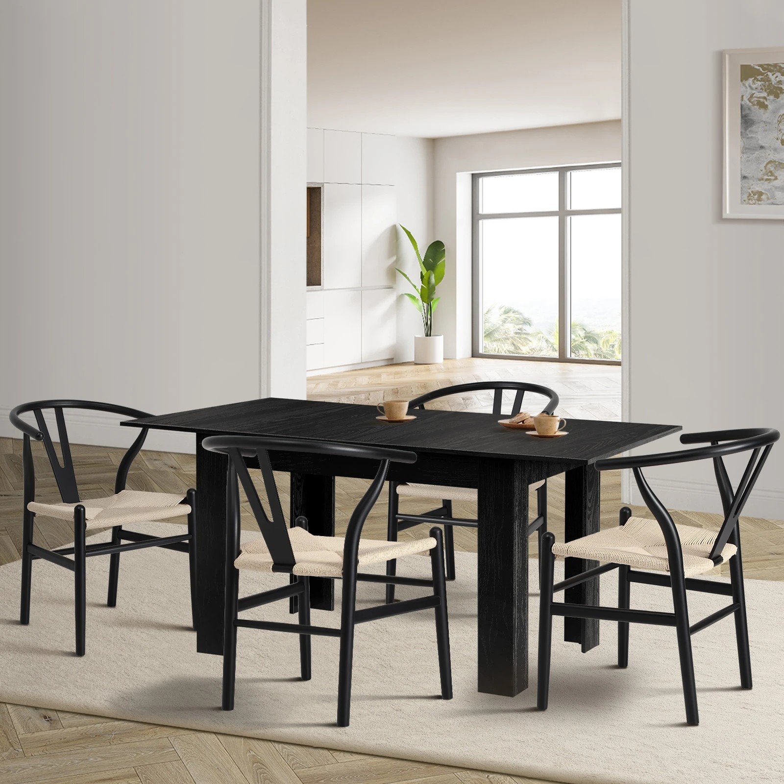 3 Oikiture 160cm Extendable Dining Table with 4x Hans Wegner Dining Chairs - Black, 3 of 9