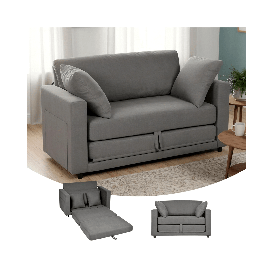 2 Advwin 130cm 2 in 1 Convertible Sofa Bed w/ Side Pocket & Pillows Folding Loveseat Sleeper Fold Out Linen Floor Couch, 2 of 9