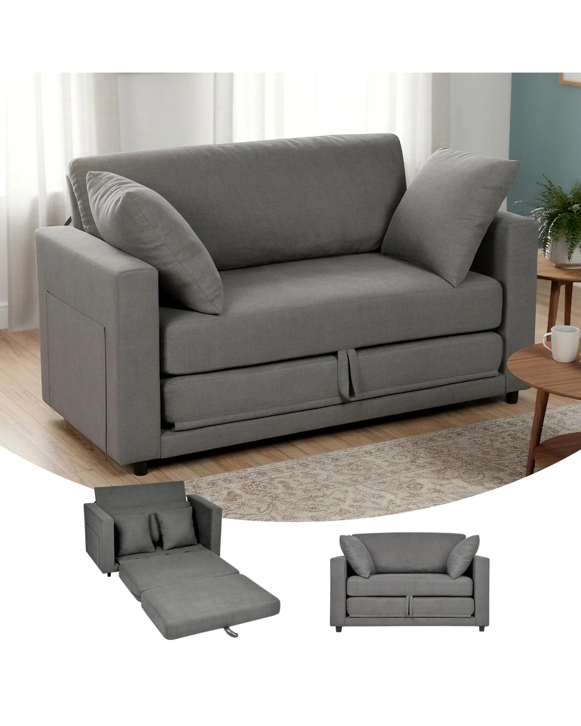 2 Advwin 130cm 2 in 1 Convertible Sofa Bed w/ Side Pocket & Pillows Folding Loveseat Sleeper Fold Out Linen Floor Couch, 2 of 9