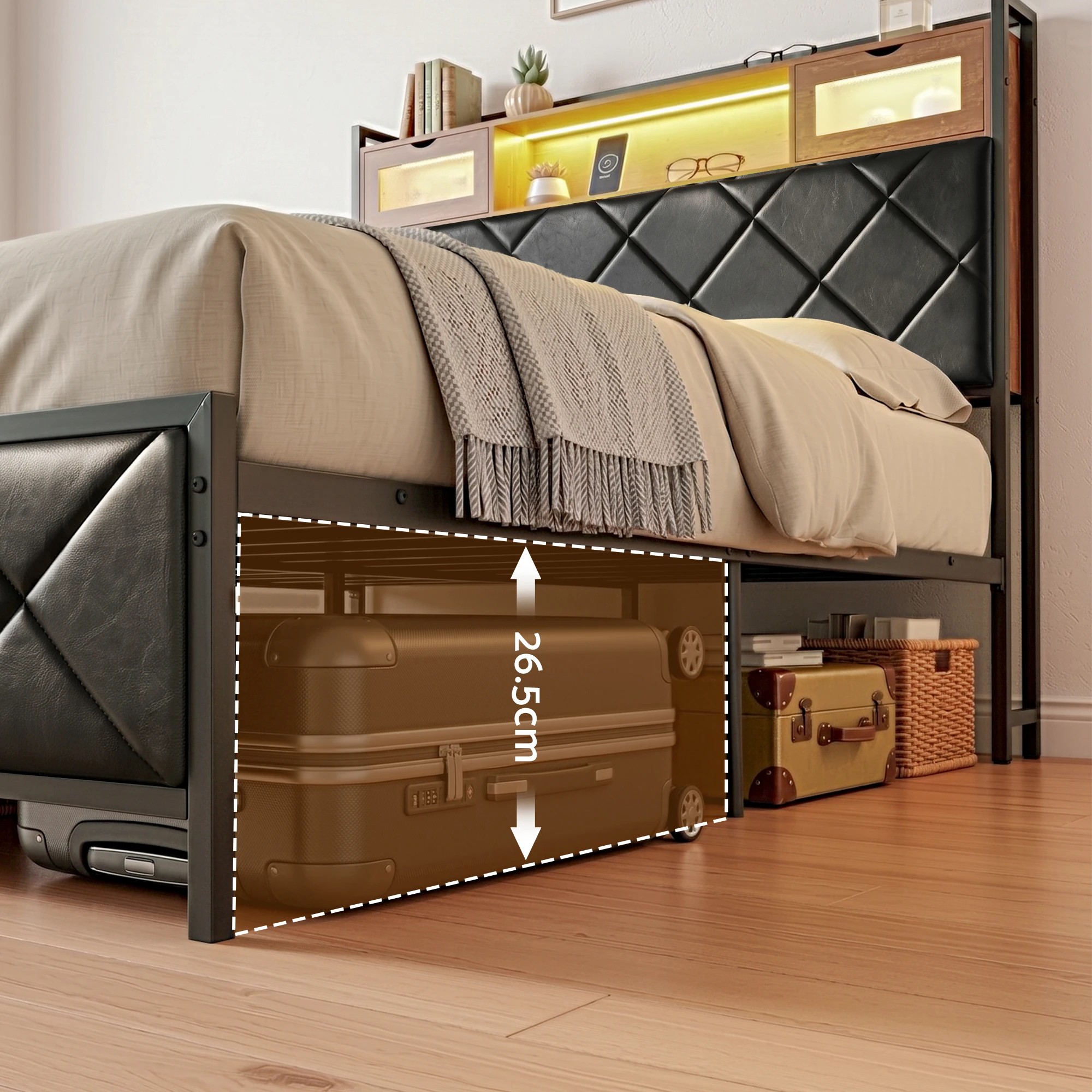 8 Artiss Double Bed Frame with LED Lights Storage Headboard 2 USB 2 AC Outlets Charging Station - Black, 8 of 10