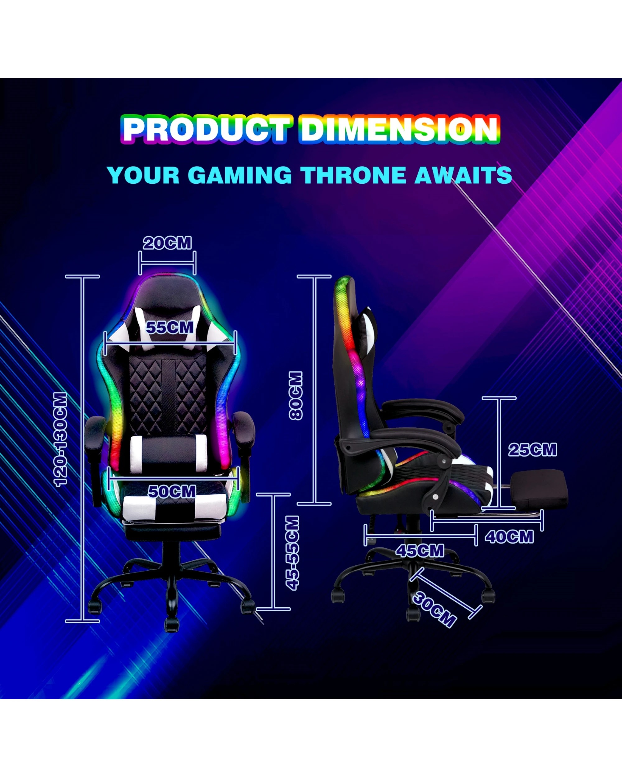 2 Advwin Led Lights Gaming Chair With Massagers Black/white, 2 of 8