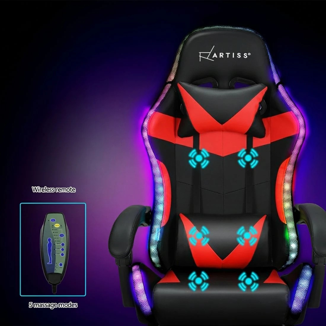 4 Artiss 6 Point Massage Gaming Office Chair 7 LED Footrest - Multi, 4 of 6