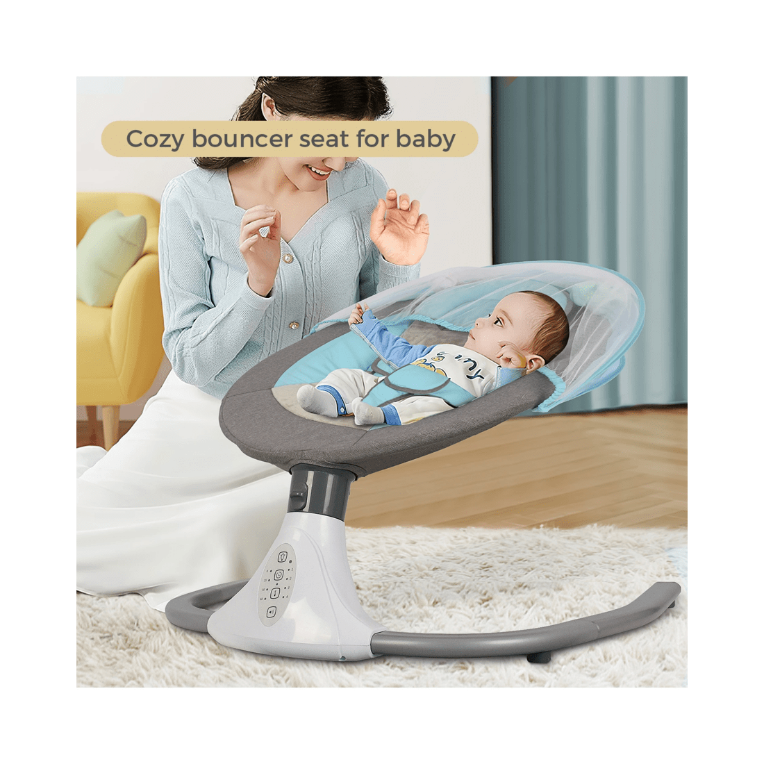 5 Advwin Electric Baby Swing Baby Bouncer Rocker With Mosquito Net Toddler Seat Soft Peachskin Blue, 5 of 9