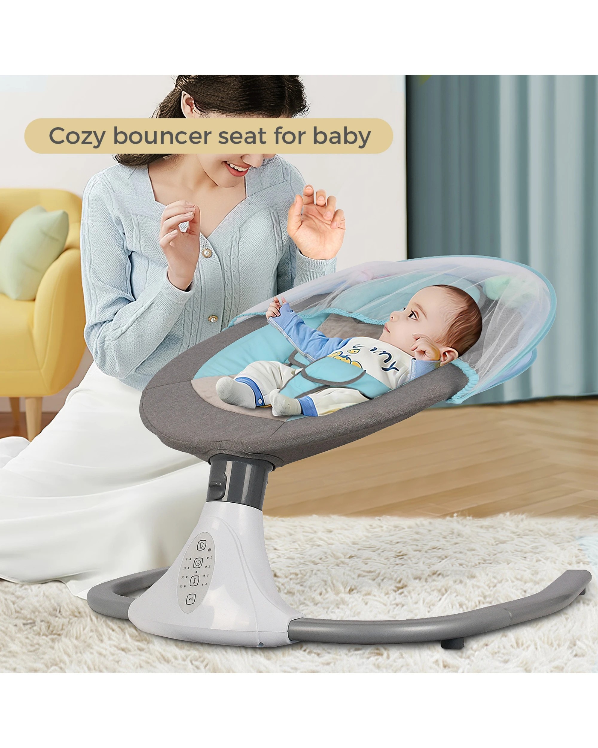5 Advwin Electric Baby Swing Baby Bouncer Rocker with Mosquito Net Toddler Seat Soft Peachskin Blue, 5 of 9