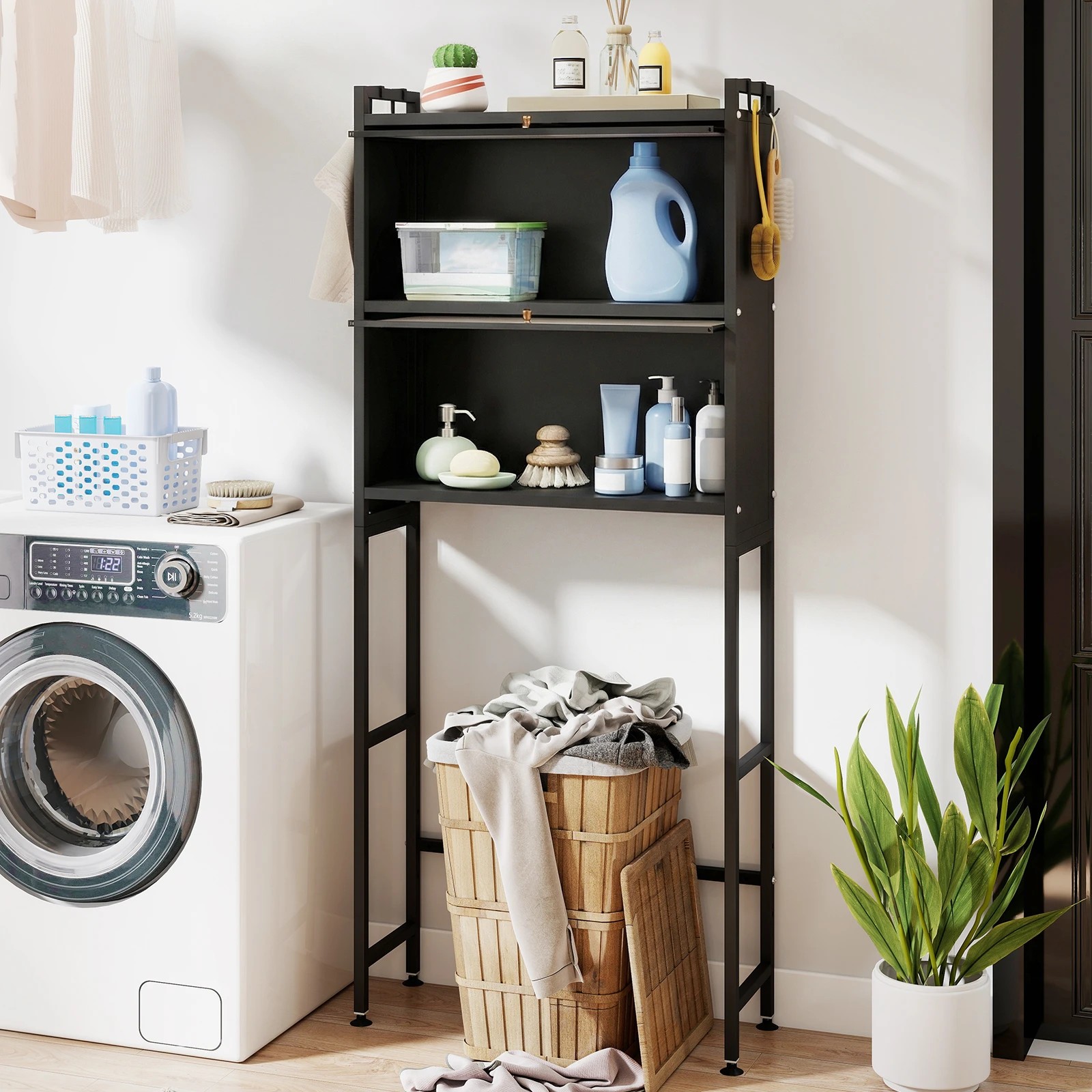 4 Costway Over Toilet Cabinet Flip-up Bathroom Storage Organizer Space-saving Laundry - Black, 4 of 5