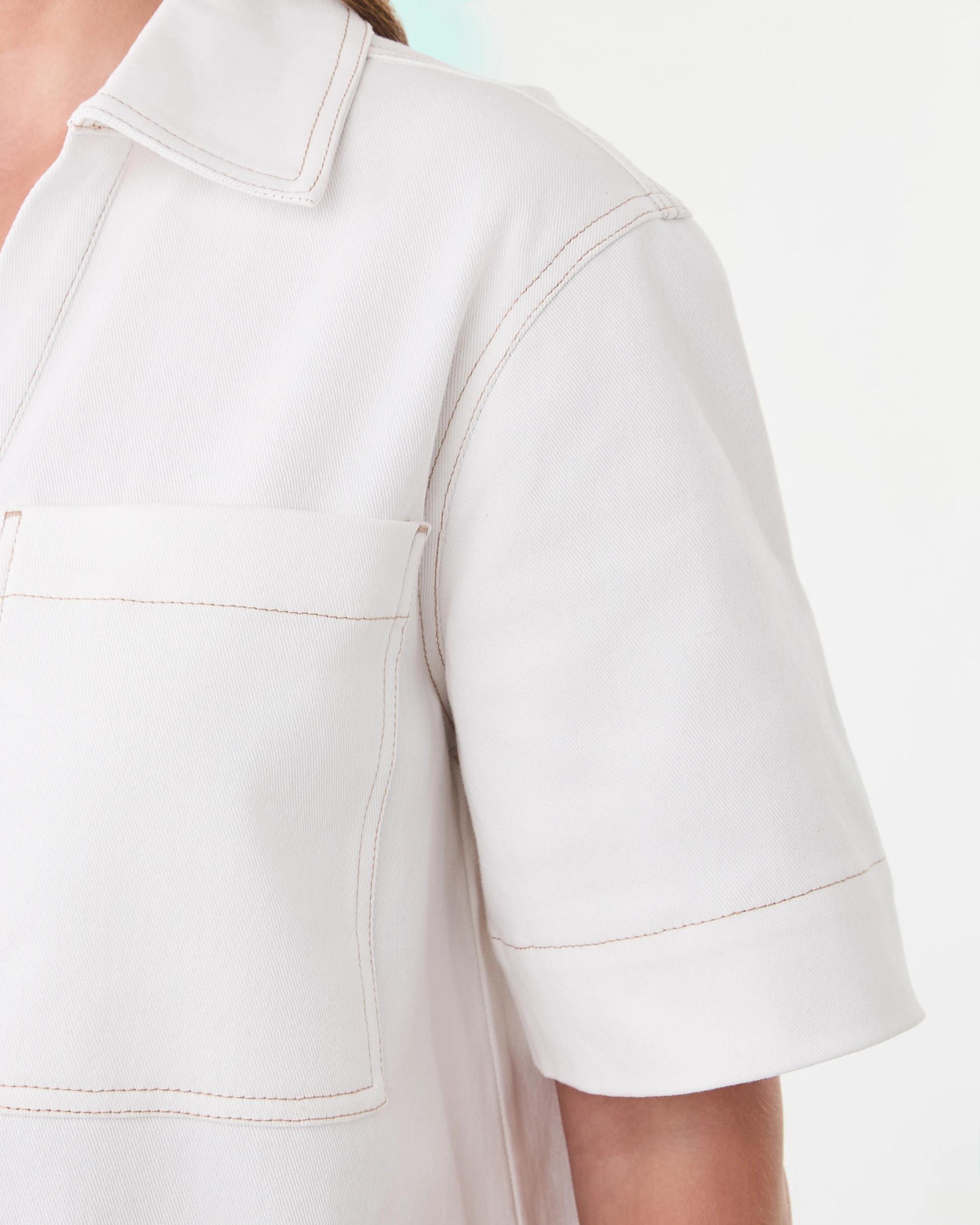 6 Short Sleeve Boxy V-Neck Denim Dress Ecru, 6 of 8