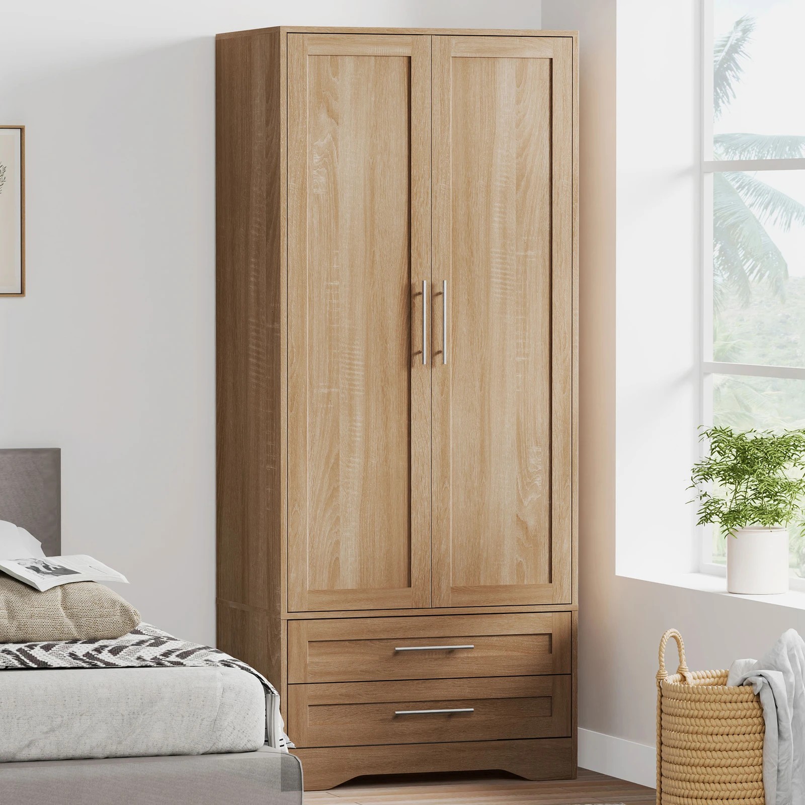 2 Alfordson Wardrobe Clothes Storage Cabinet Organizer Drawer Hanging Rod - Wood, 2 of 10