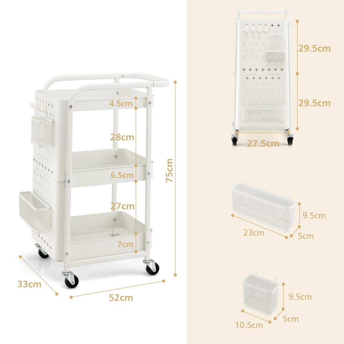 3 Costway 3-Tier Rolling Storage Cart w/Pegboards Mobile Utility Trolley - White, 3 of 4